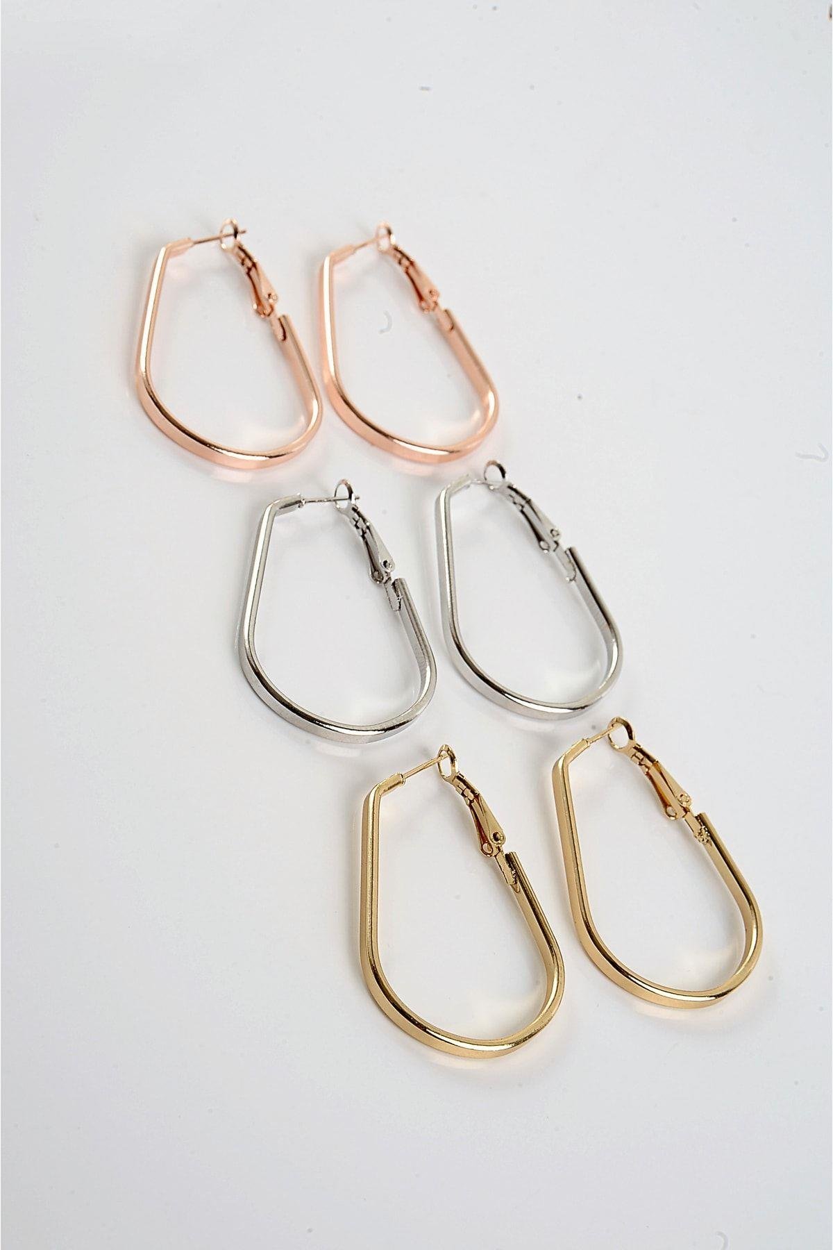 Damla Tasarımlı Gold Gümüş ve Rose Renkleri ve Tektaşlı 6'lı Halka Küpe Seti