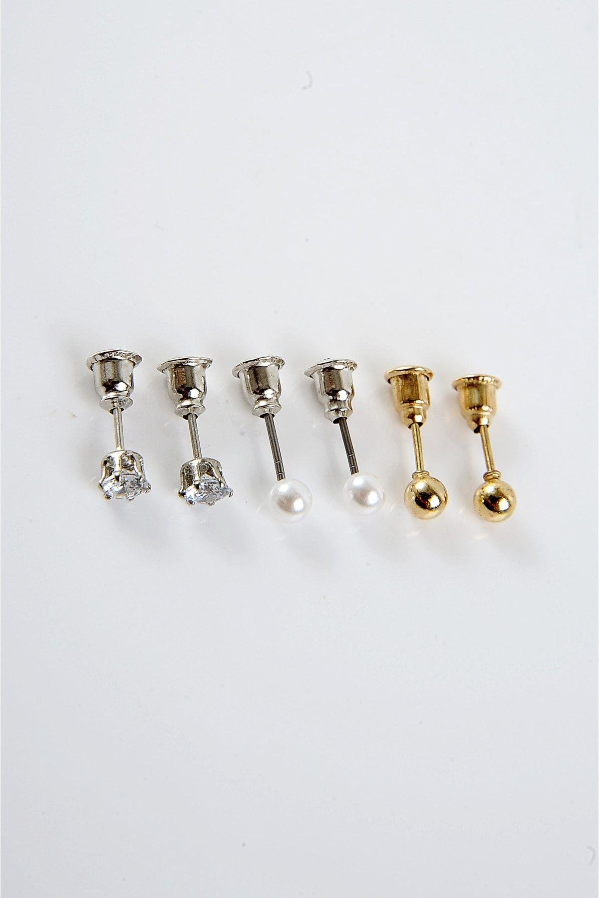 Damla Tasarımlı Gold Gümüş ve Rose Renkleri ve Tektaşlı 6'lı Halka Küpe Seti