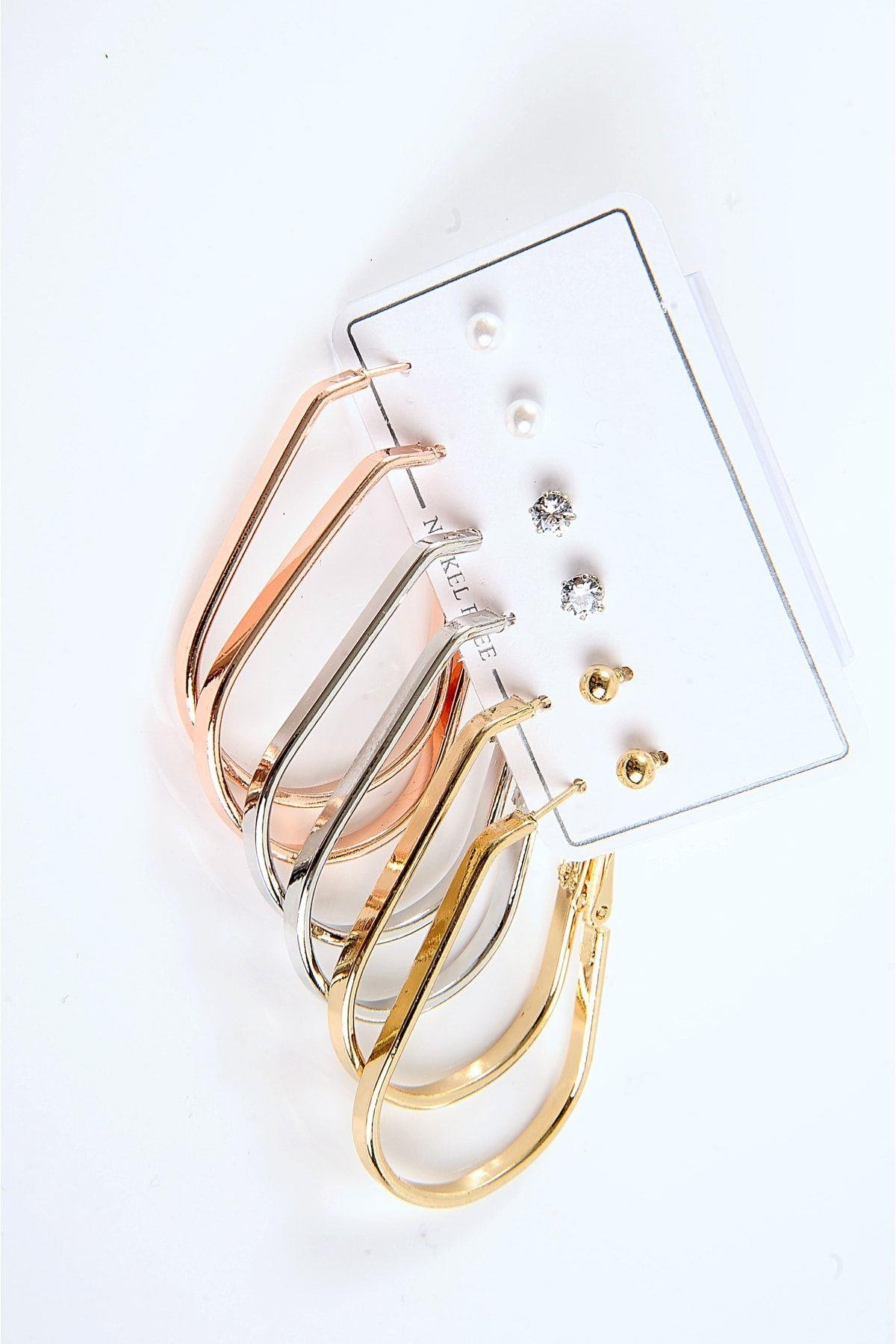 Damla Tasarımlı Gold Gümüş ve Rose Renkleri ve Tektaşlı 6'lı Halka Küpe Seti