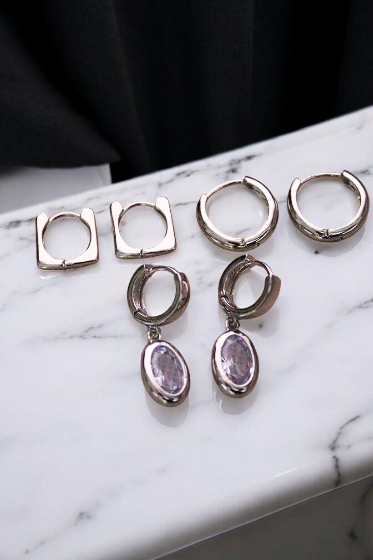 DamlaTasarımlı Beyaz Taşlı Sallantılı Küpe Halka Küpe 3lü Set