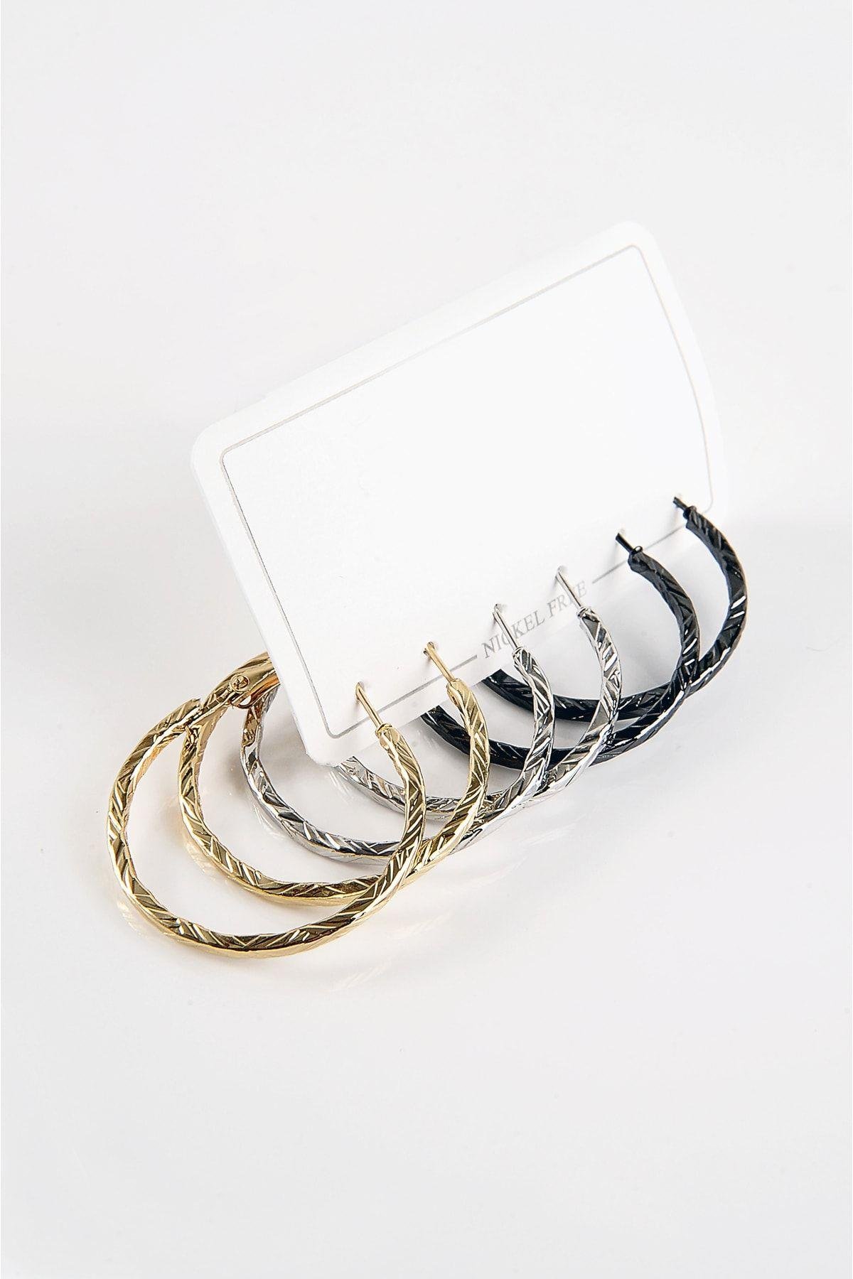 Gold Gümüş ve Siyah Renkleri 3'lü Halka Küpe Seti