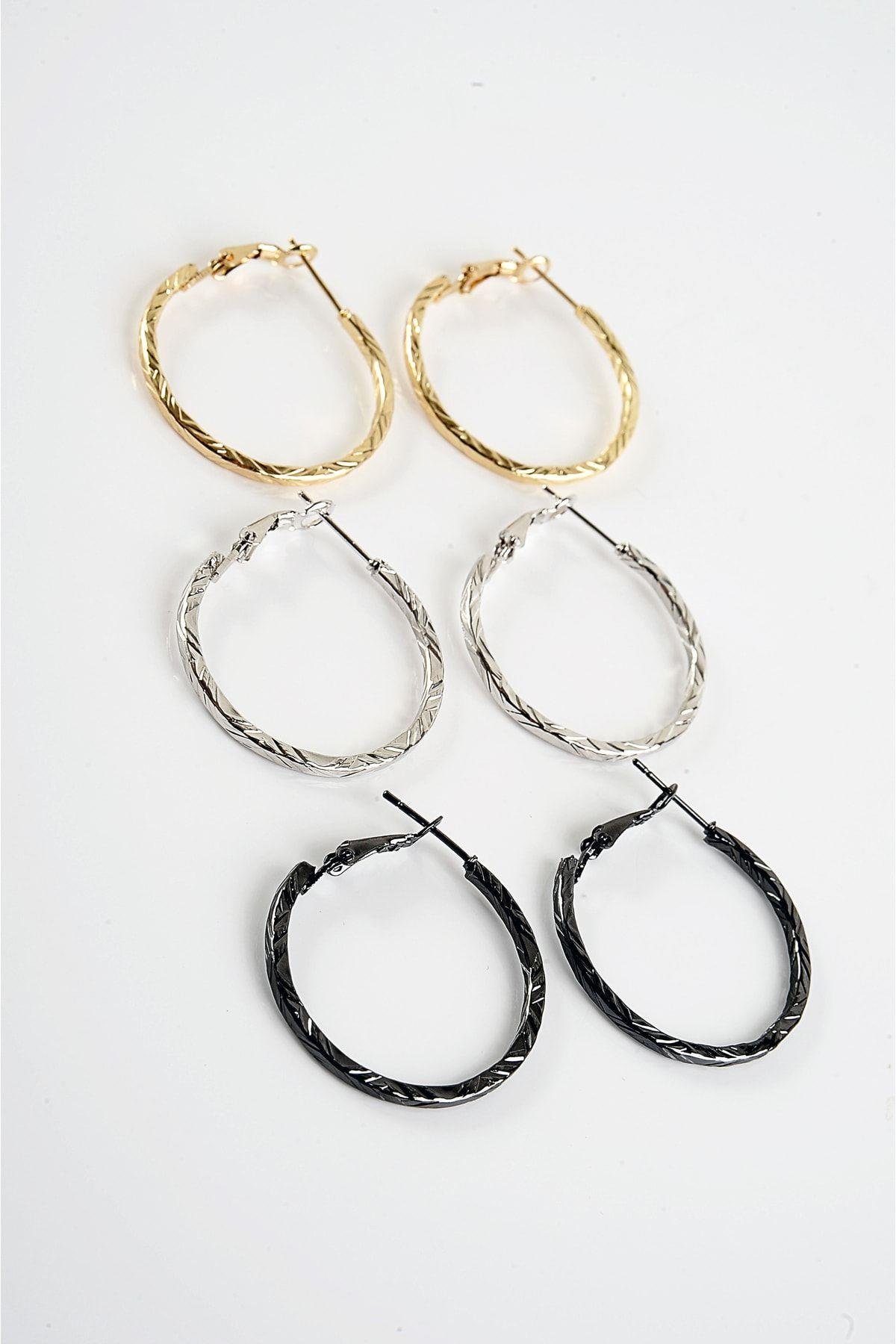 Gold Gümüş ve Siyah Renkleri 3'lü Halka Küpe Seti