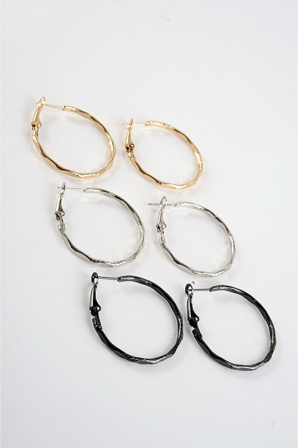 Gold Gümüş ve Siyah Renkleri 3'lü Halka Küpe Seti