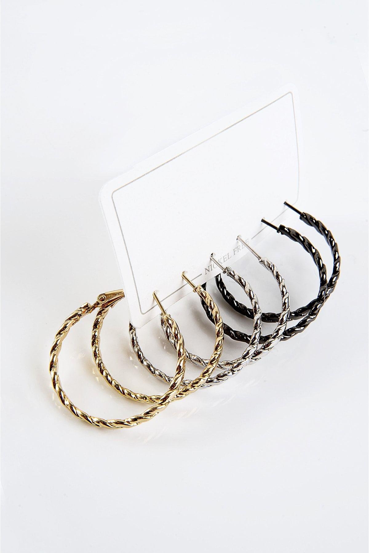 Gold Gümüş ve Siyah Renkleri 3'lü Halka Küpe Seti