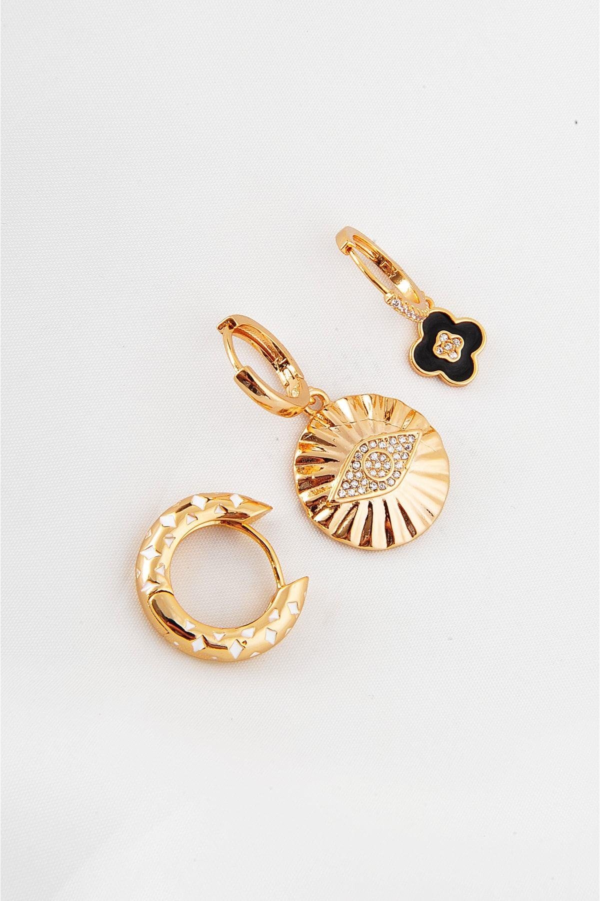 Göz Ve Çiçek Tasarımlı Halka Küpeli Gold Renkli Kancalı Sallantılı Küpe