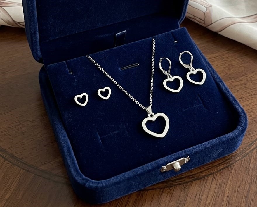 Kalp Detaylı 3'lü Gümüş Renk Kolye Küpe Seti