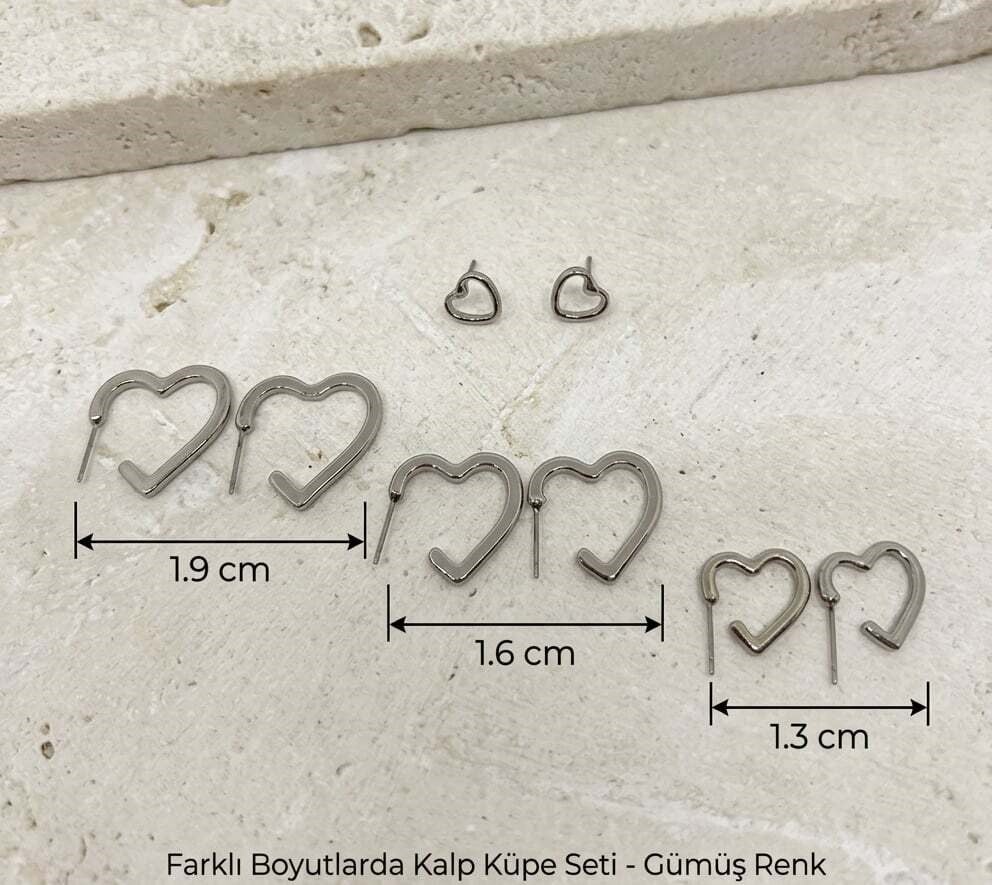 Kalp Tasarım 4 Boy 4'lü Gümüş Renk Küpe Seti