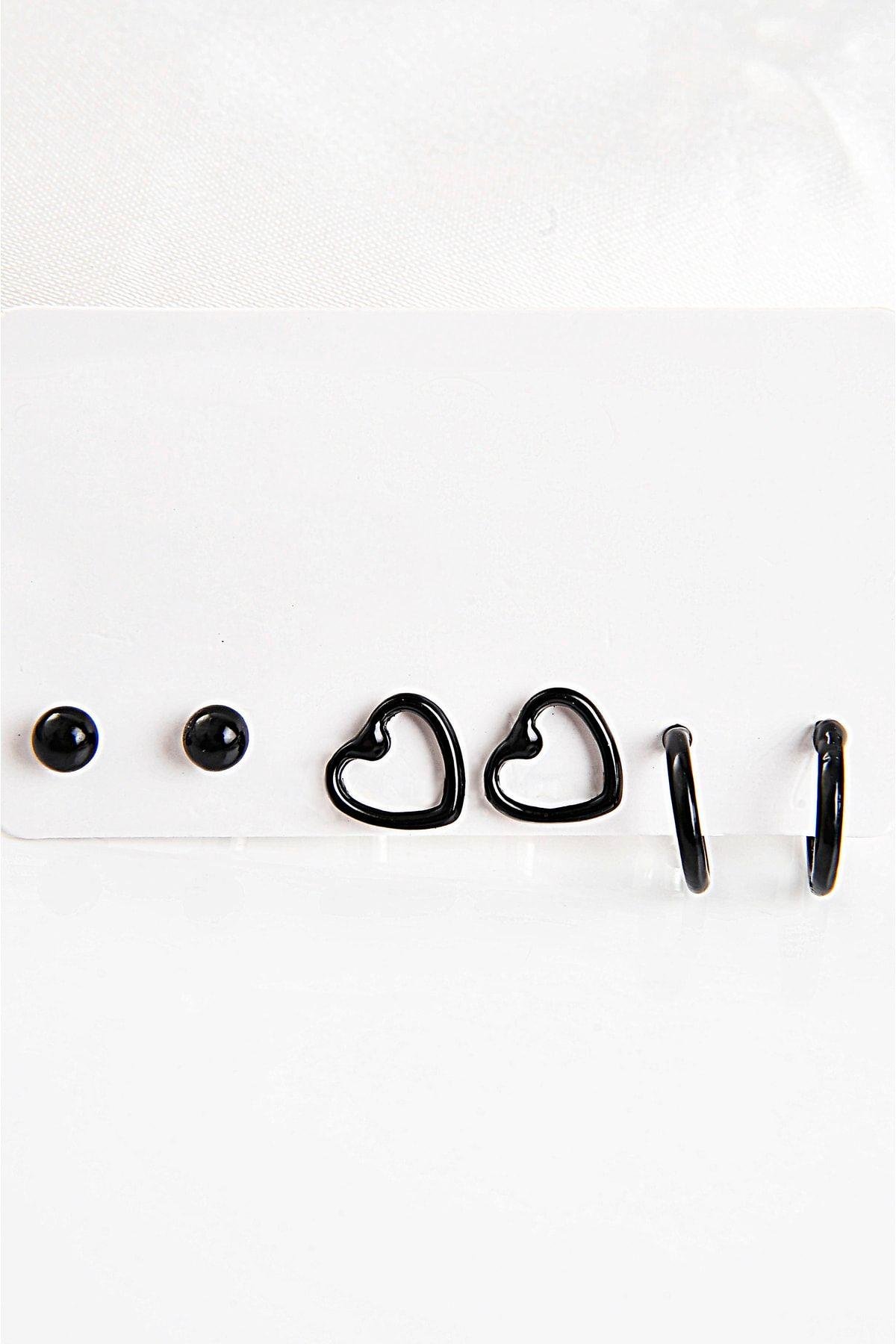 Kalp Tasarımlı Top Ve Halka Küpeli Siyah Renkli Küpe Seti