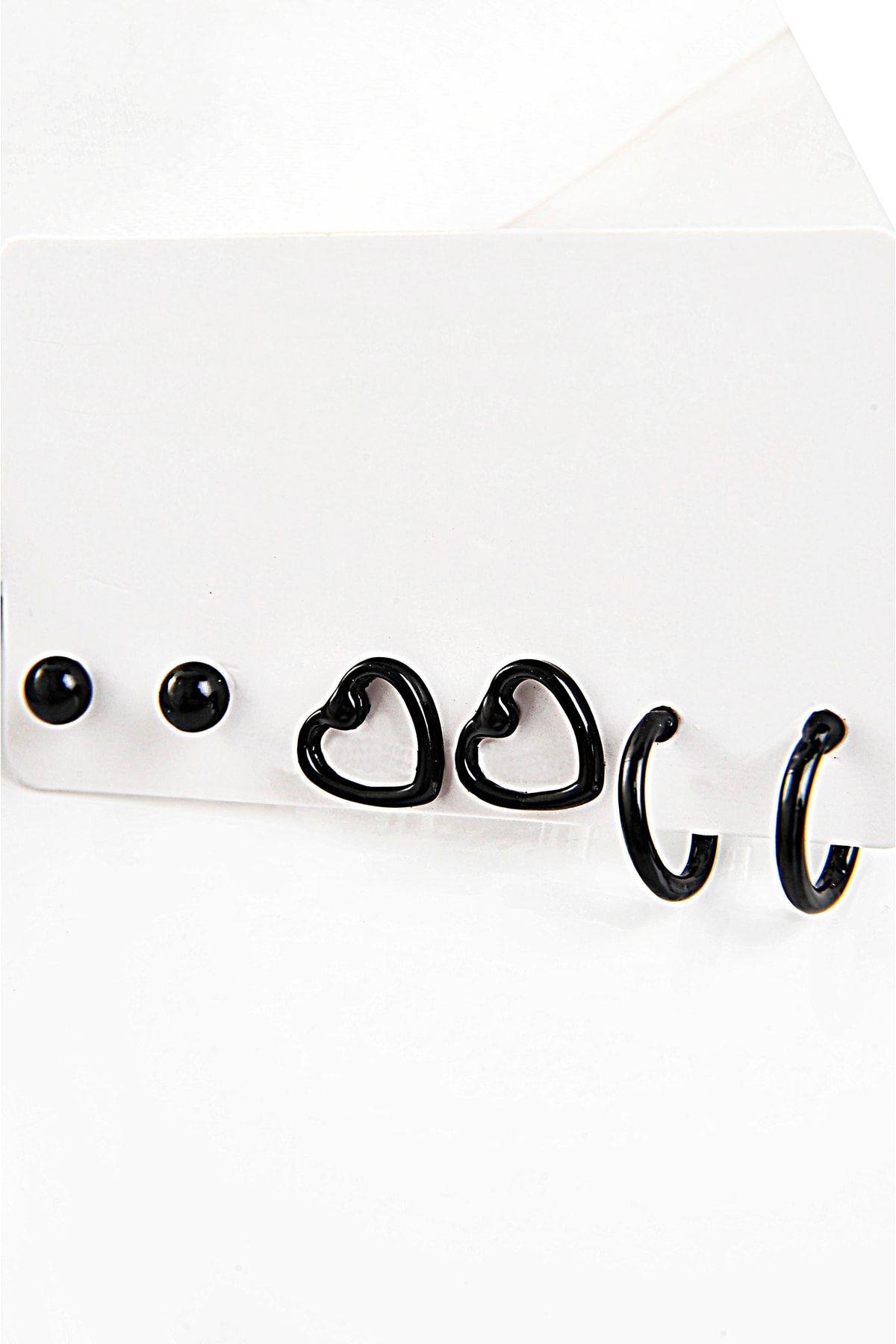 Kalp Tasarımlı Top Ve Halka Küpeli Siyah Renkli Küpe Seti