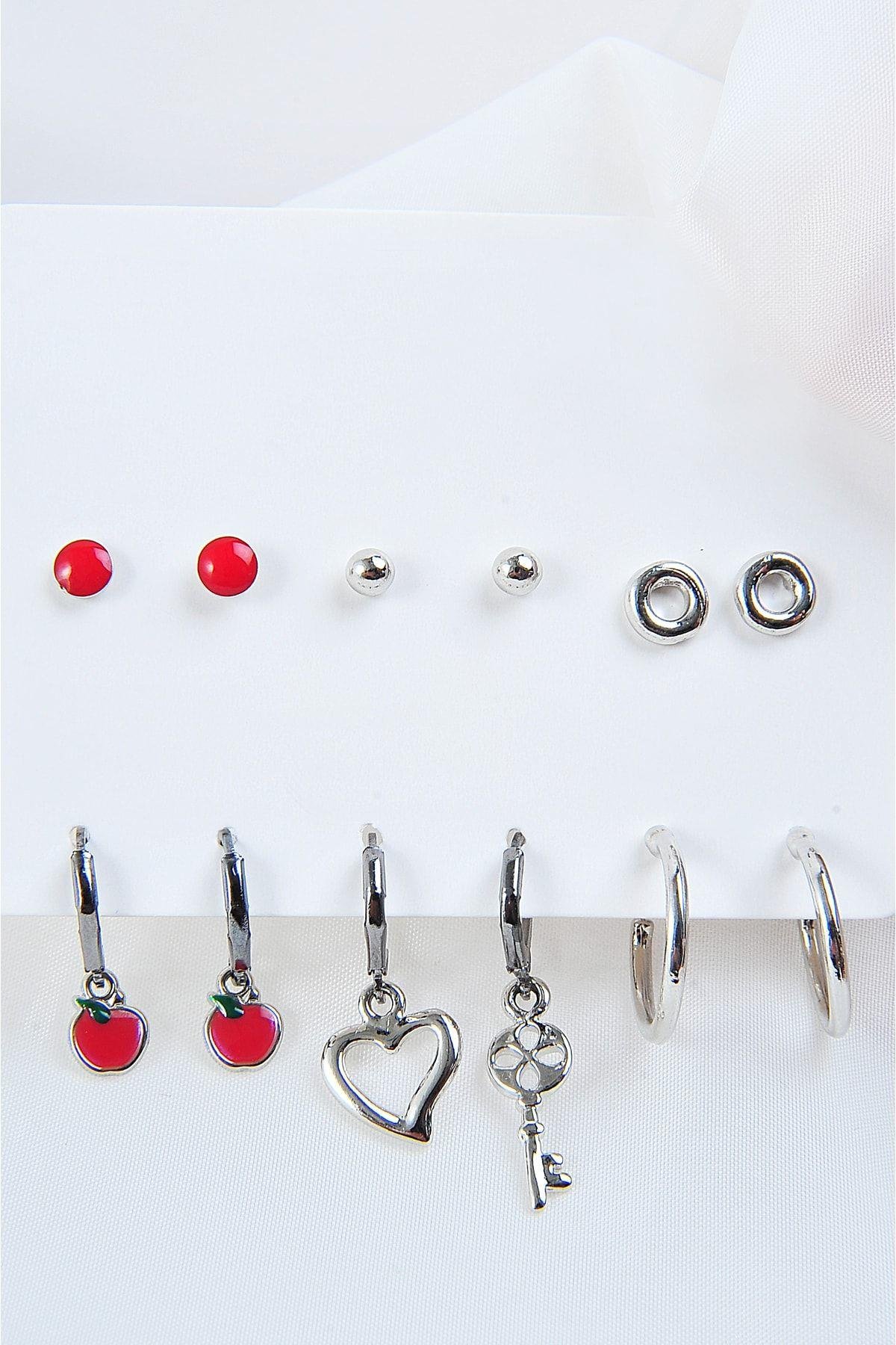 Kalp Ve Anahtar Tasarımlı Halka Küpeli Kadın 12li Küpe Seti