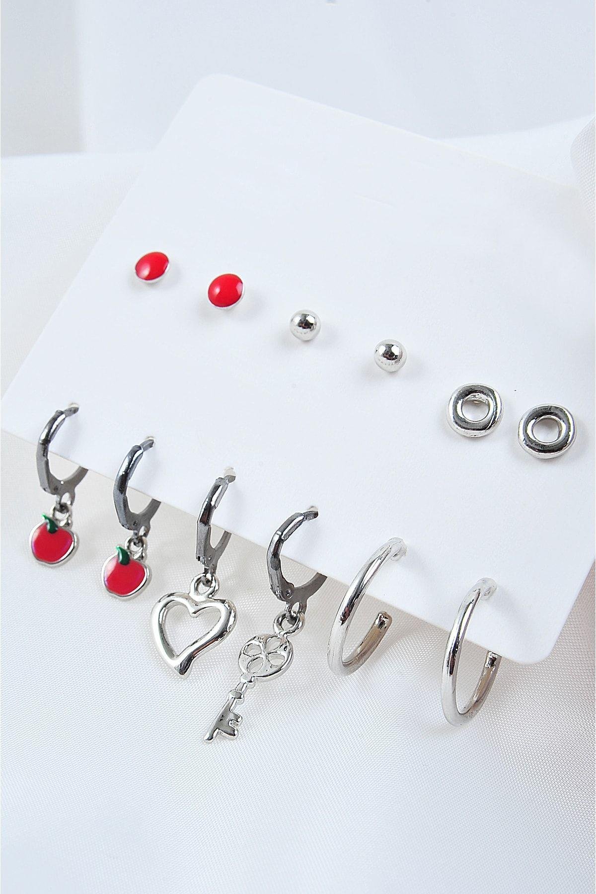 Kalp Ve Anahtar Tasarımlı Halka Küpeli Kadın 12li Küpe Seti