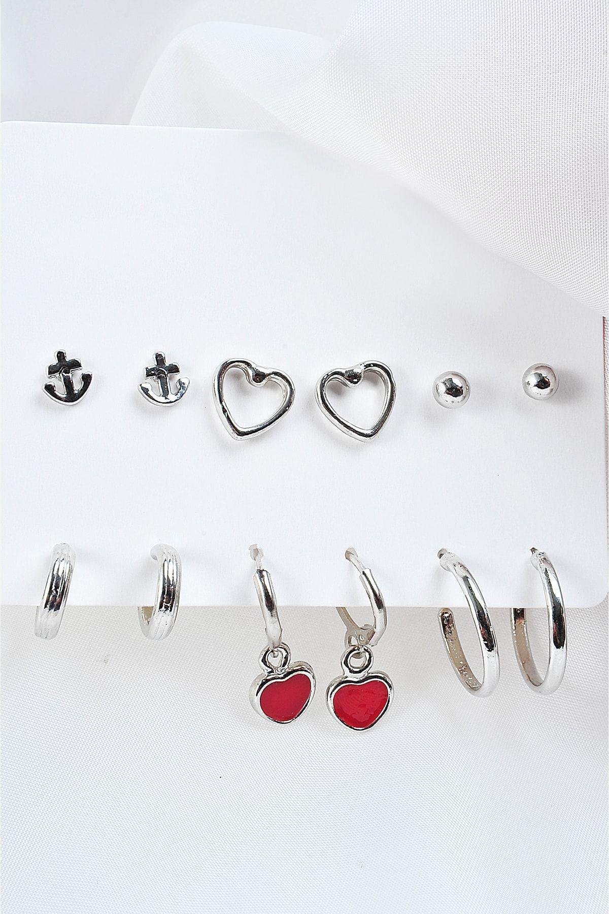 Kalp Ve Çapa Tasarımlı Halka Küpeli 12li Küpe Seti