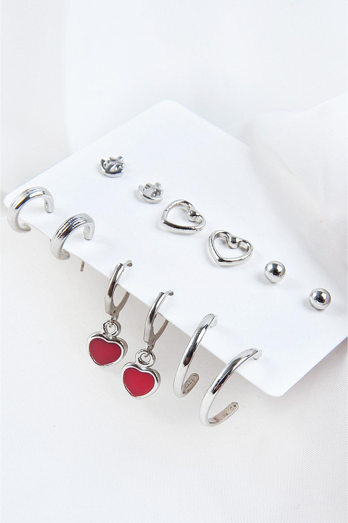 Kalp Ve Çapa Tasarımlı Halka Küpeli 12li Küpe Seti