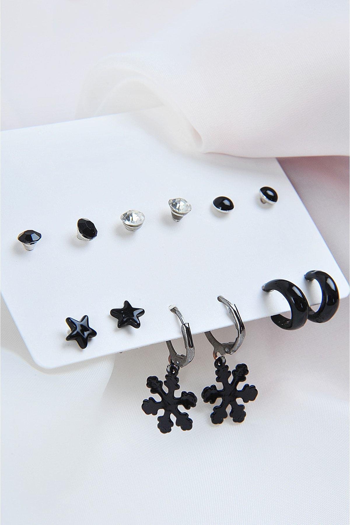 Kar Tanesi Yıldızlar Ve Halka Küpeli Tektaşlı Ve Siyah Top Küpeli 12li Küpe Seti