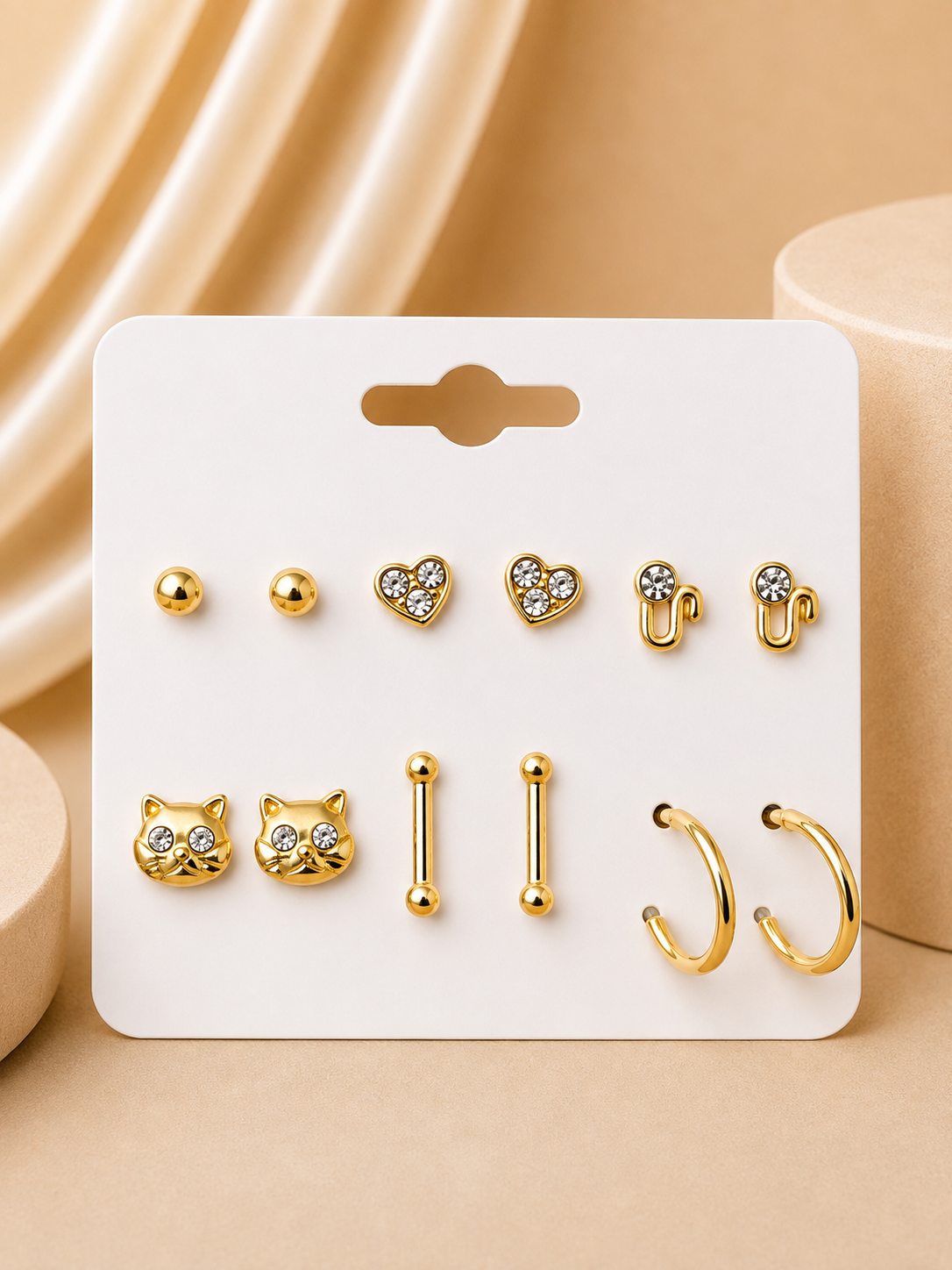 Kedi Çubuk Detaylı Gold Renk 6'lı Küpe Seti