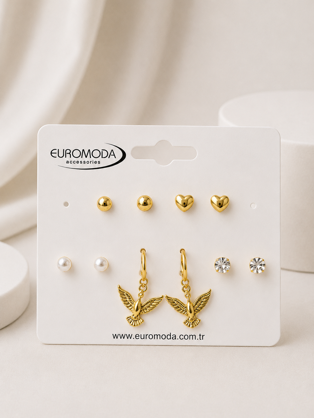 Kuş Kalp Detaylı Gold Renk 5''li Küpe Seti