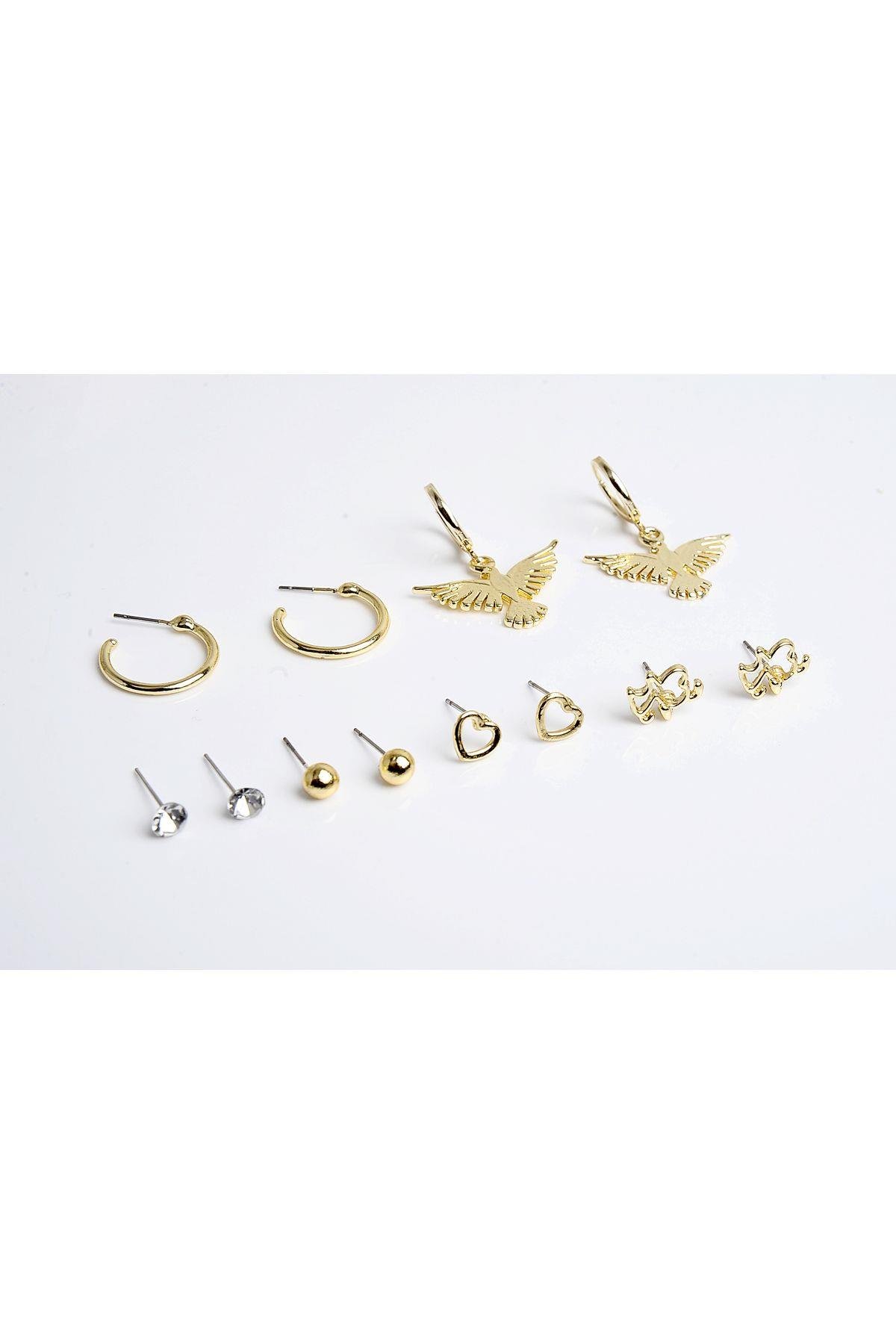 Kuş Kalp ve Köpek Figürlü Gold Renkli Halka Tektaş ve Top Küpeli 6lı Unisex Küpe Seti