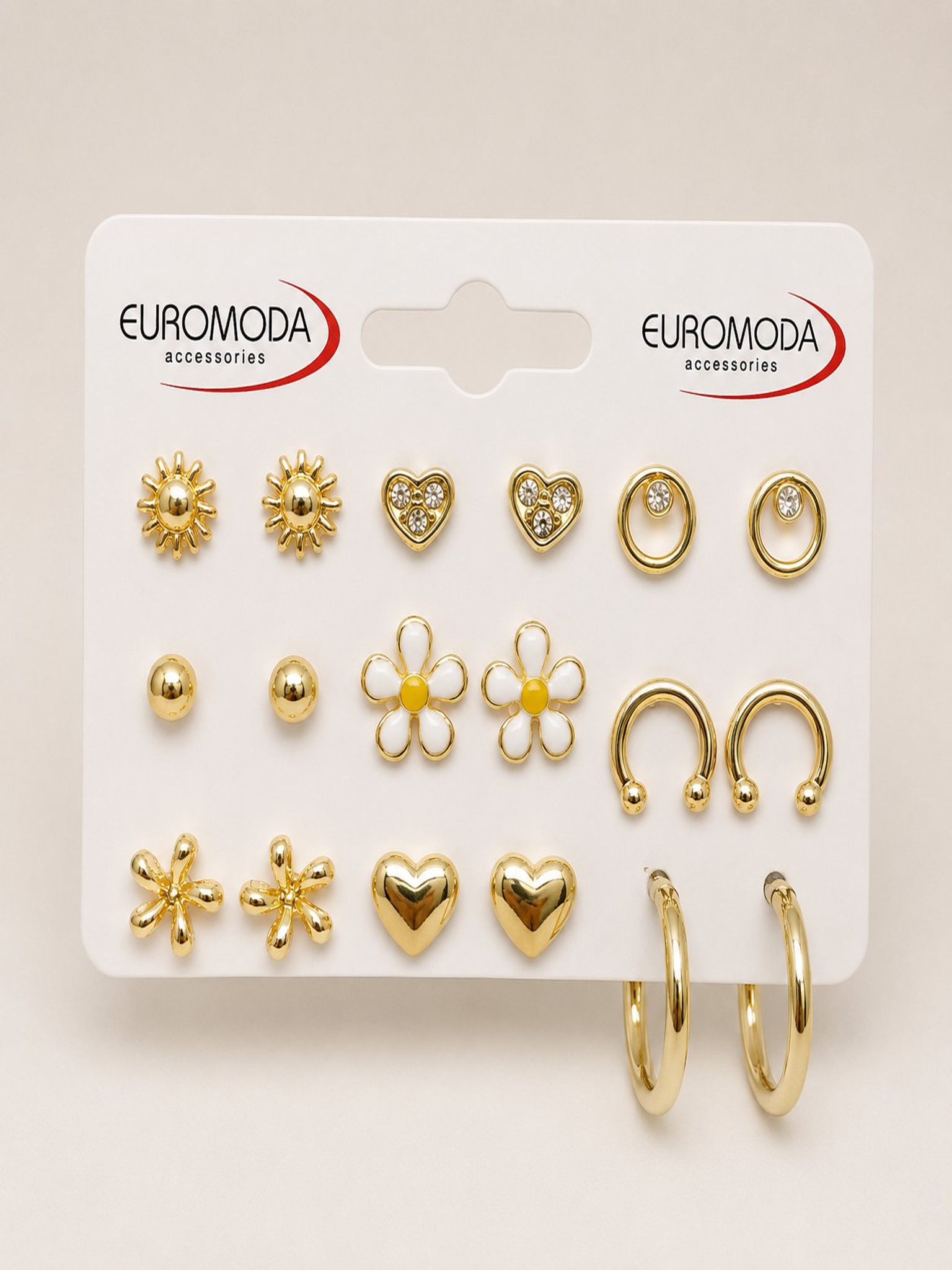 Papatya Kalp Güneş Detaylı 9'lu Gold Renk Küpe Seti