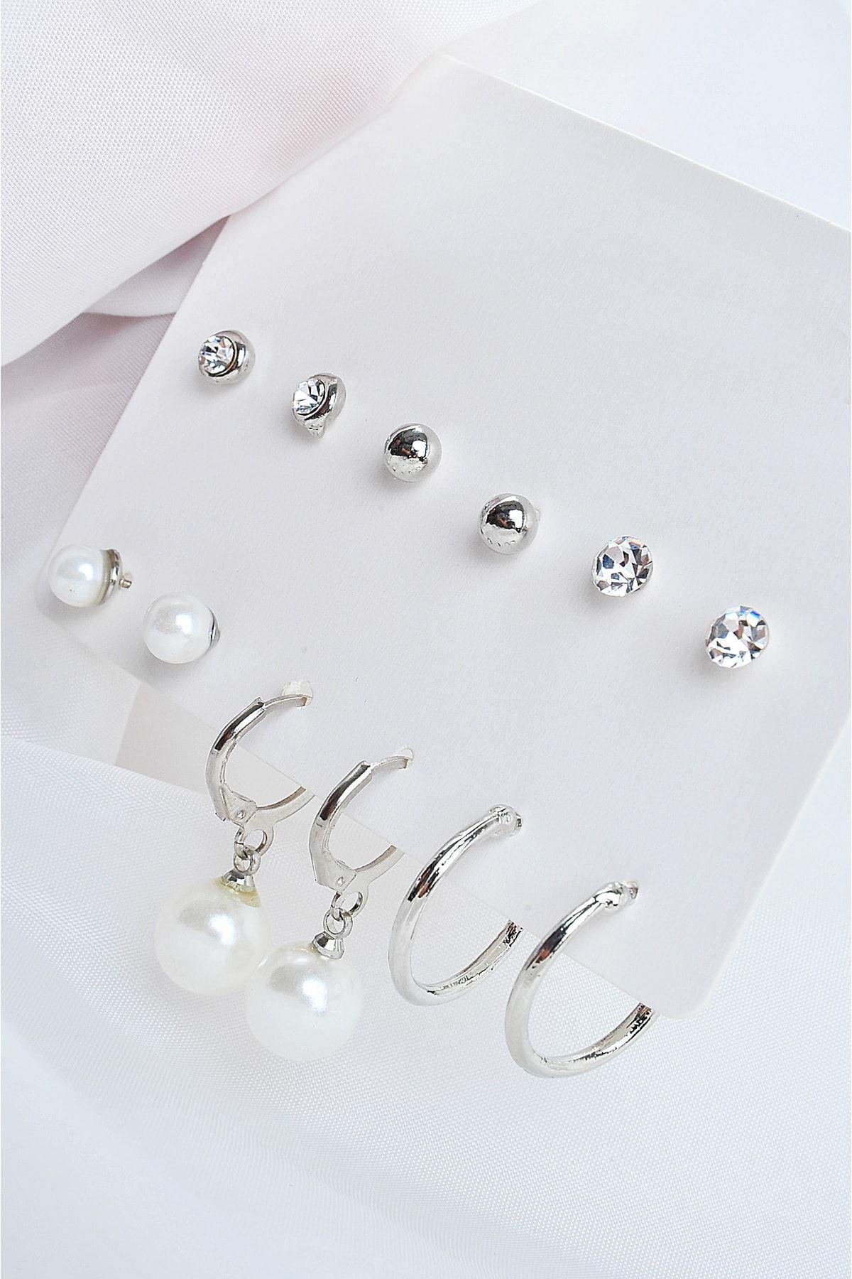 Sallantılı Incili Top Incili Ve Halka Küpeli Tektaşlı Top Küpeli 12li Küpe Seti