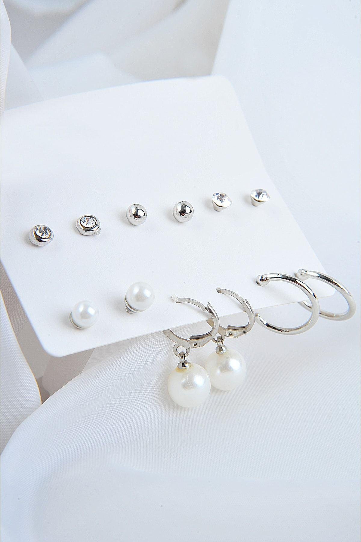 Sallantılı Incili Top Incili Ve Halka Küpeli Tektaşlı Top Küpeli 12li Küpe Seti