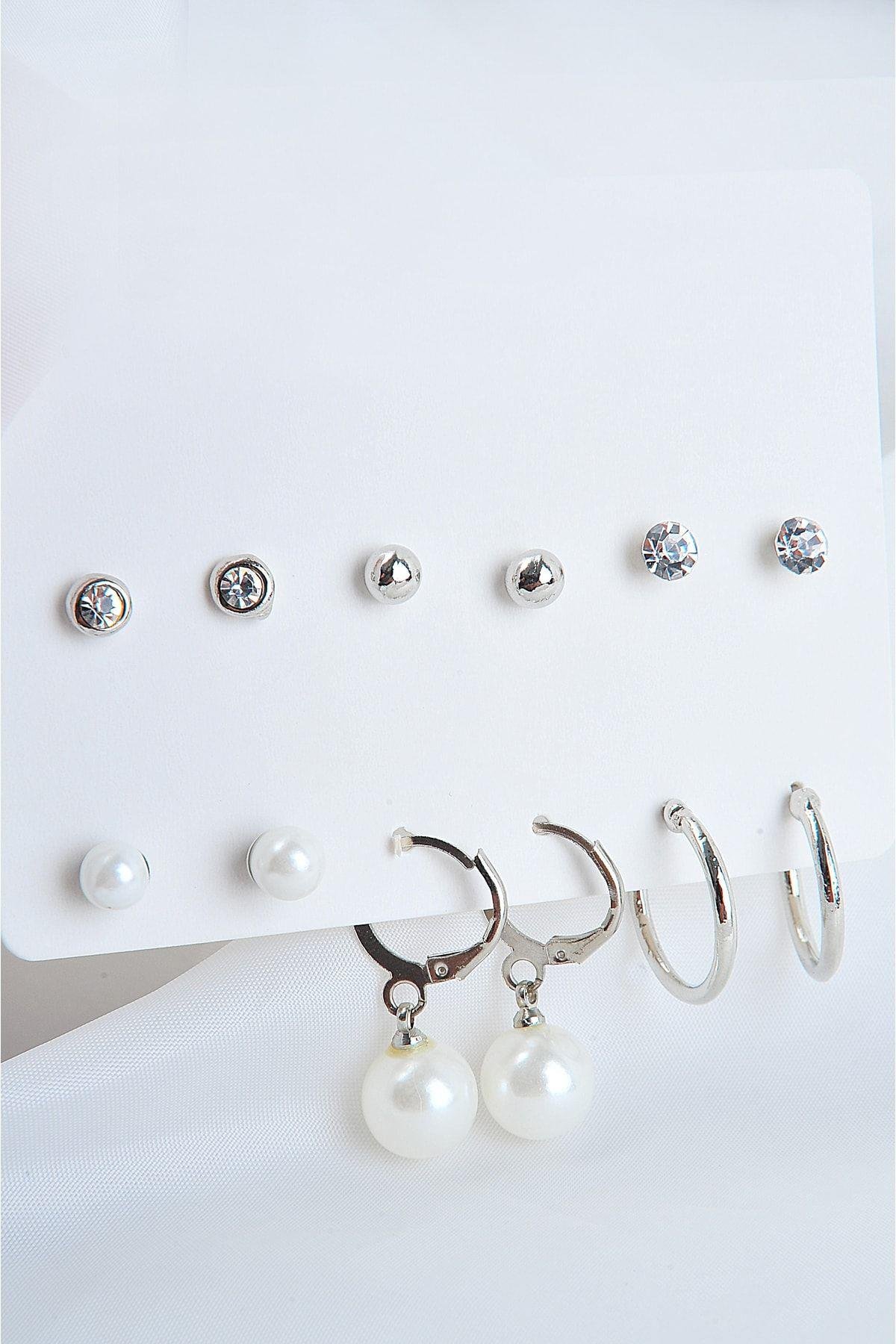 Sallantılı Incili Top Incili Ve Halka Küpeli Tektaşlı Top Küpeli 12li Küpe Seti