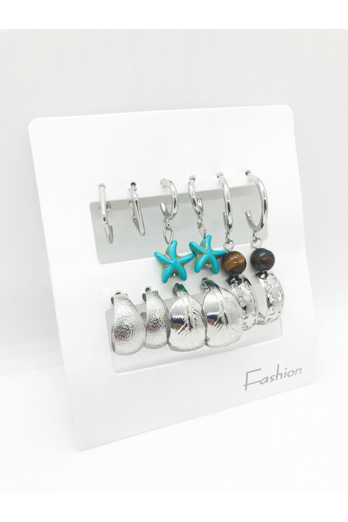 Yıldız Tasarımlı Küpe Ve Halka Küpeli 12li Küpe Seti