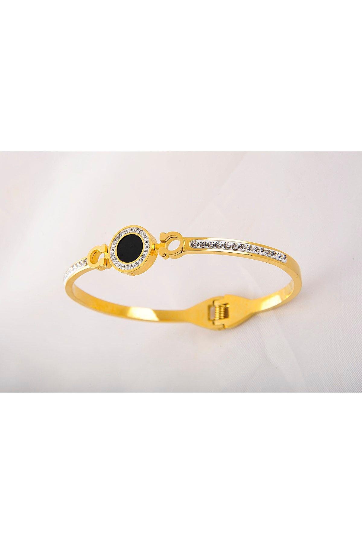 Yuvarlak Siyah Renk Tasarımlı Zirkonium Taşlı Çelik Bileklik