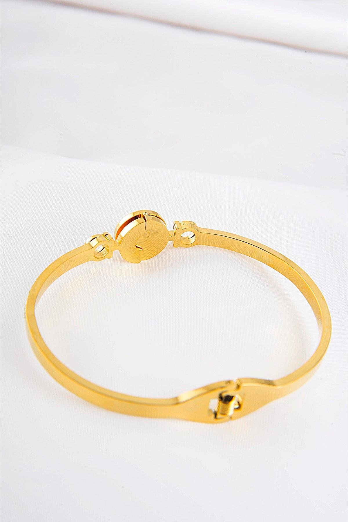 Yuvarlak Siyah Renk Tasarımlı Zirkonium Taşlı Çelik Bileklik