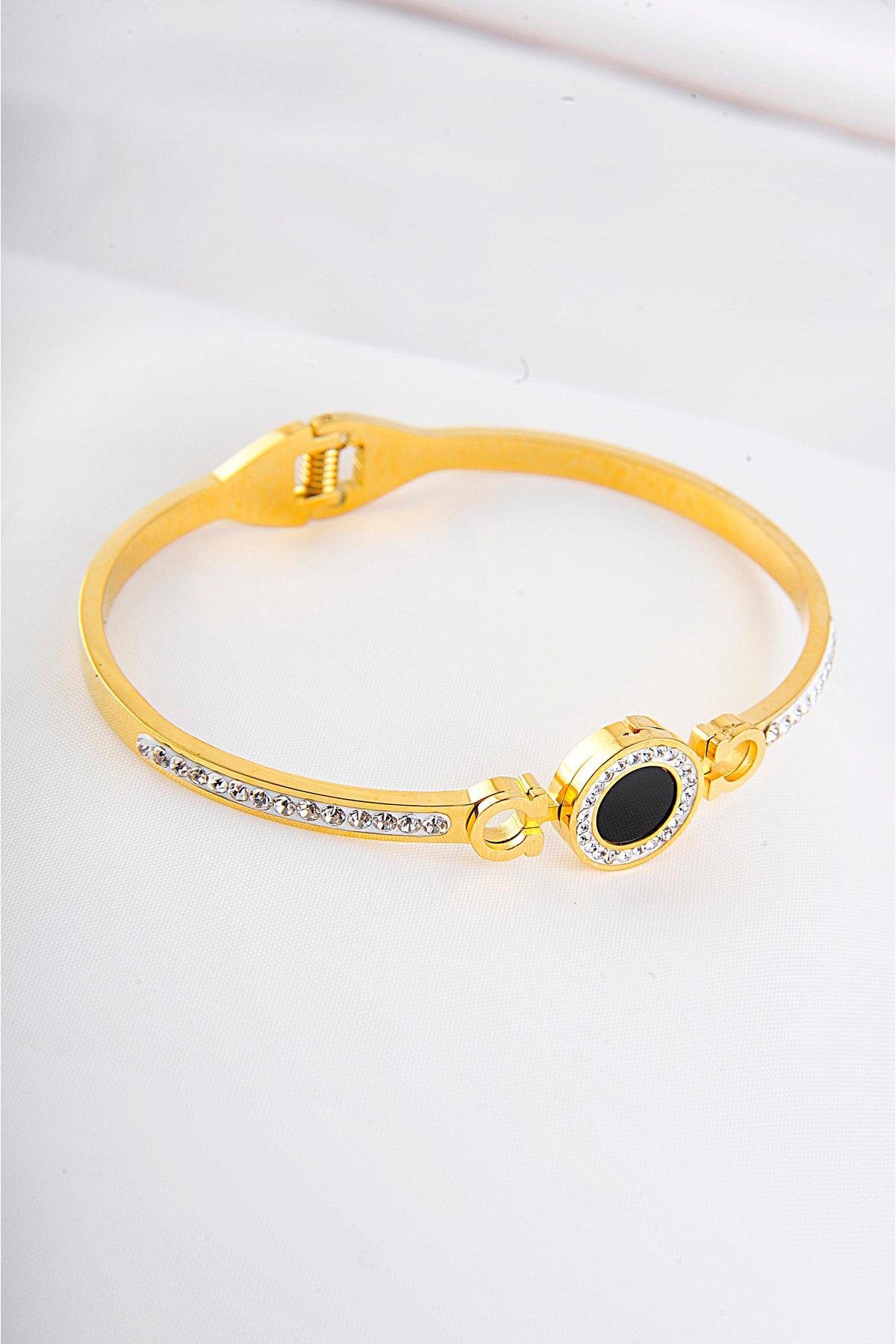 Yuvarlak Siyah Renk Tasarımlı Zirkonium Taşlı Çelik Bileklik