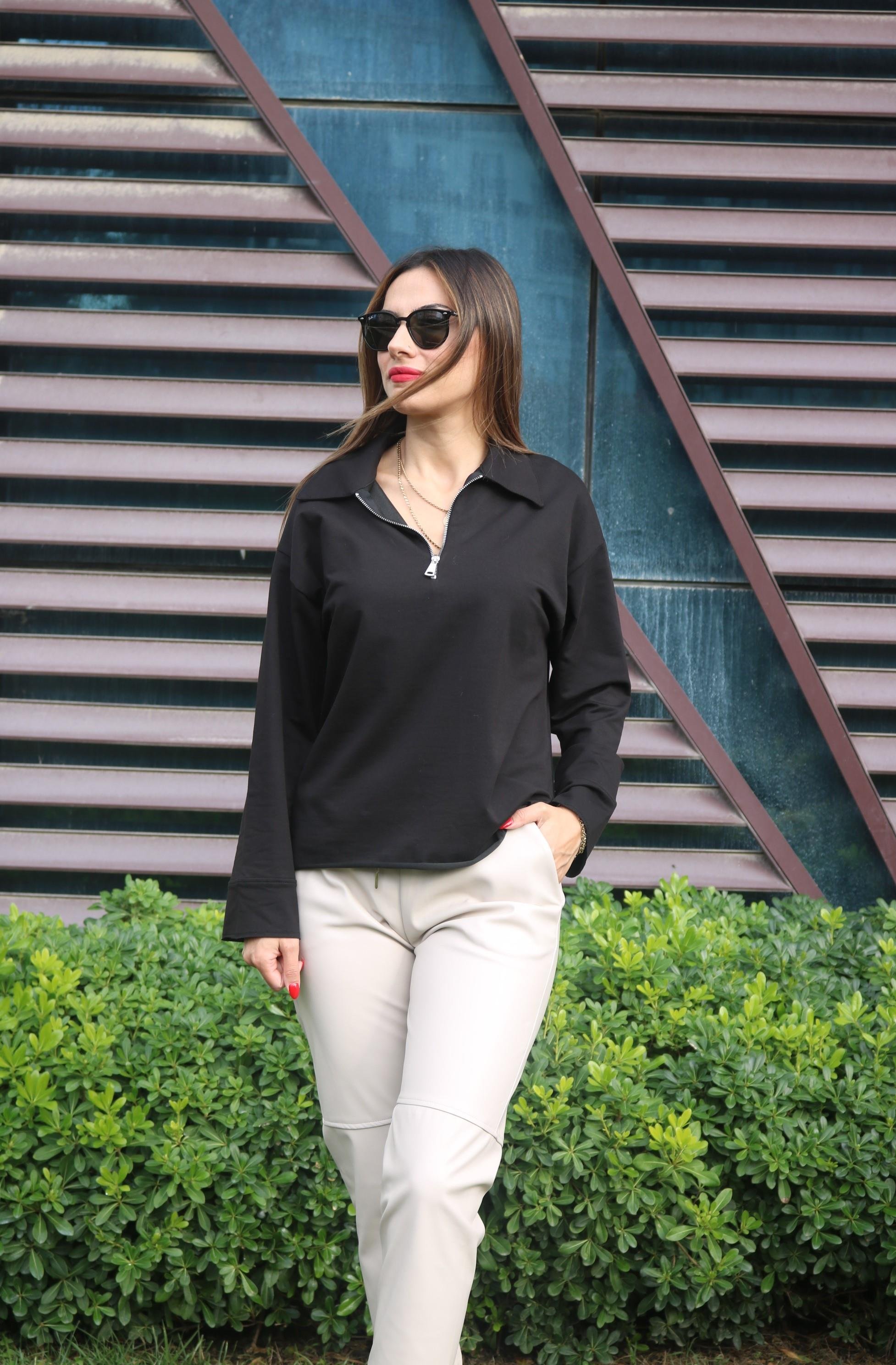 BySoloCollection Basic Model Fermuarlı Siyah Sweatshirt