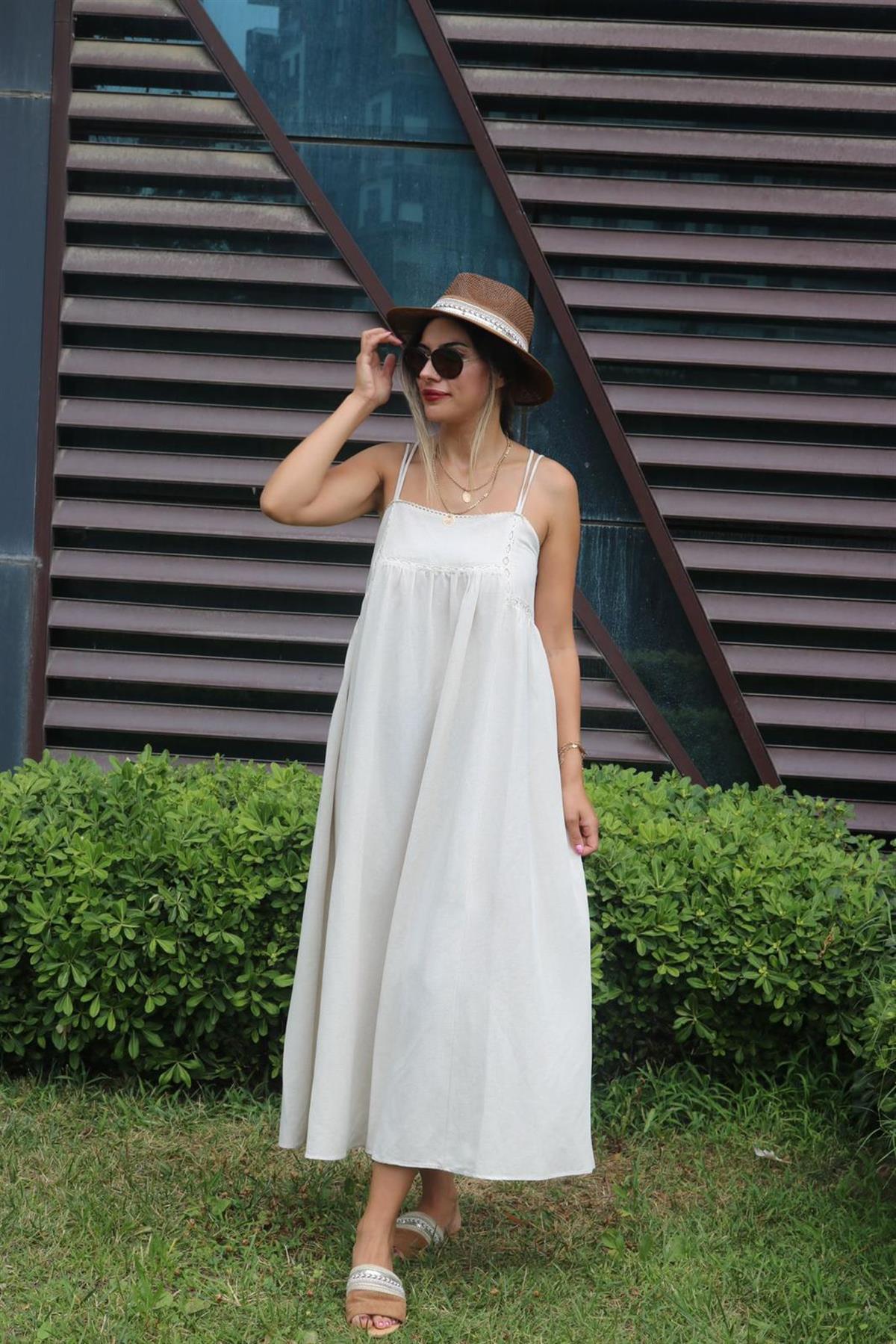 Çift askılı keten taş renk elbise