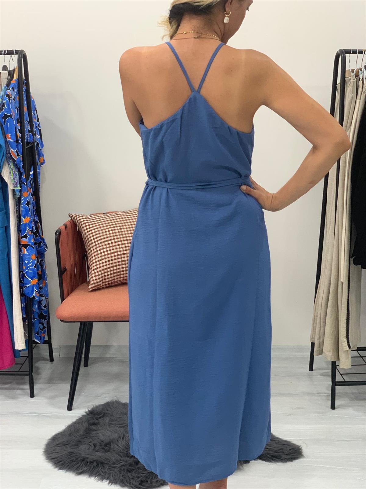 Mavi halter yaka elbise