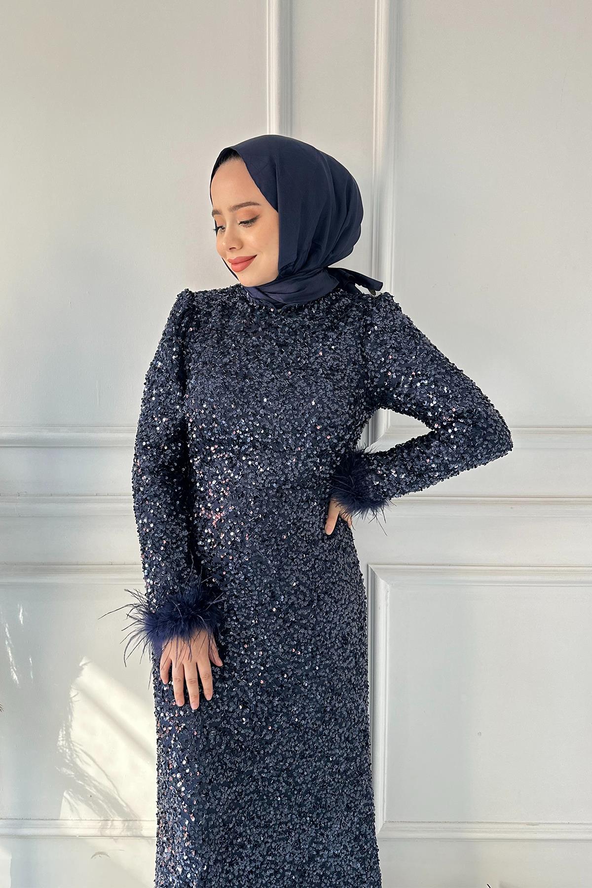 B.LİFE KOMPLE PULLU KOL TÜYLÜ ABİYE 2490 Lacivert