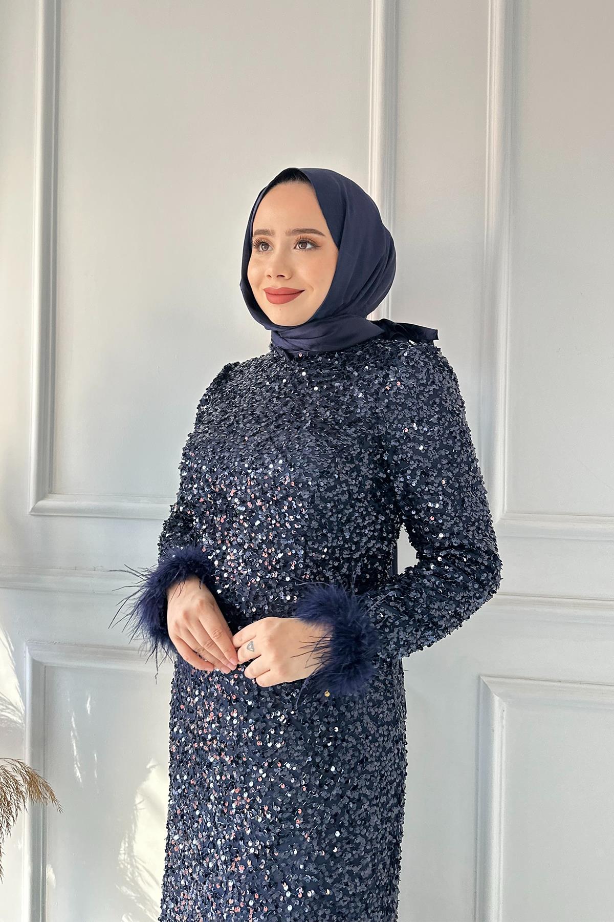 B.LİFE KOMPLE PULLU KOL TÜYLÜ ABİYE 2490 Lacivert