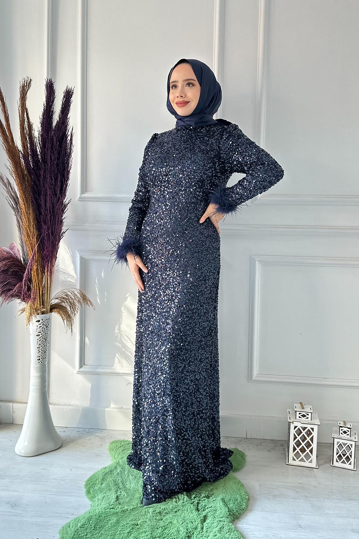 B.LİFE KOMPLE PULLU KOL TÜYLÜ ABİYE 2490 Lacivert