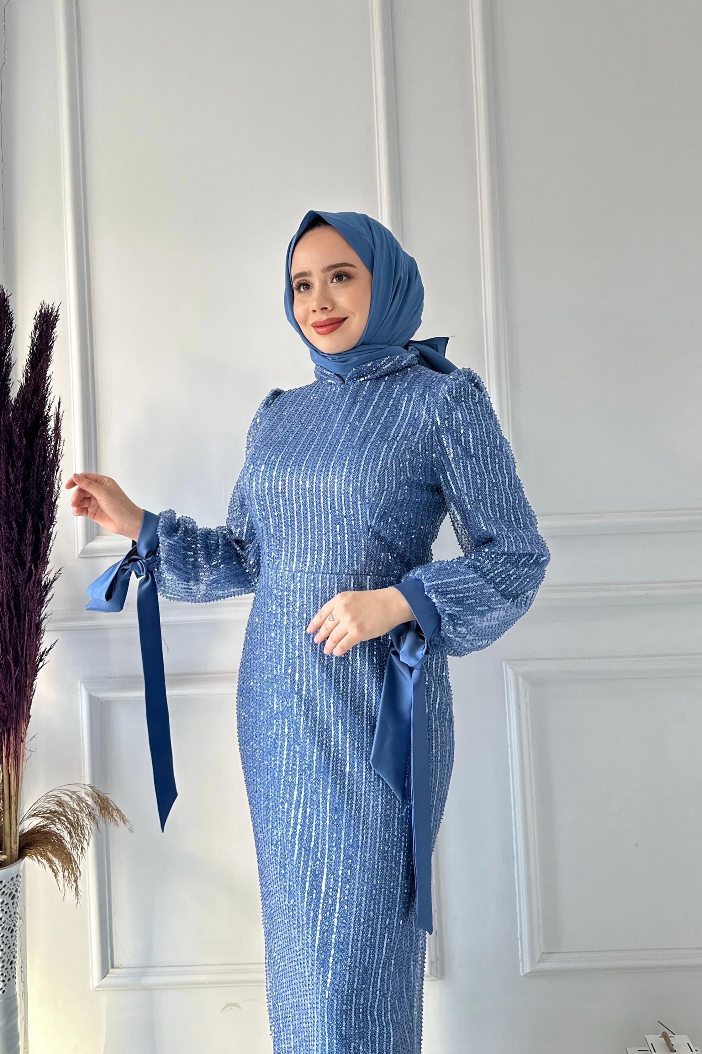 B.LİFE KOMPLE PULLU KOL KURDELE ABİYE 2471 Mavi