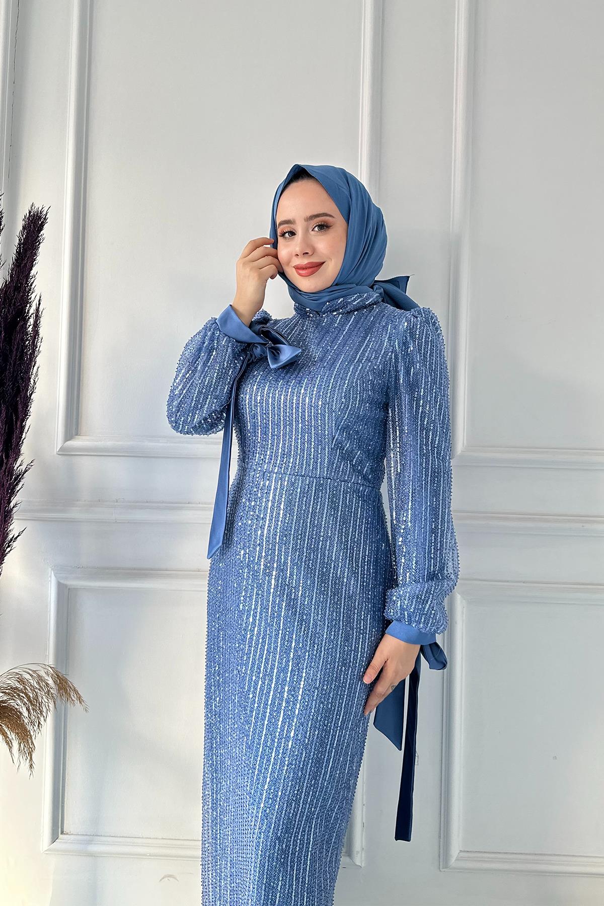 B.LİFE KOMPLE PULLU KOL KURDELE ABİYE 2471 Mavi