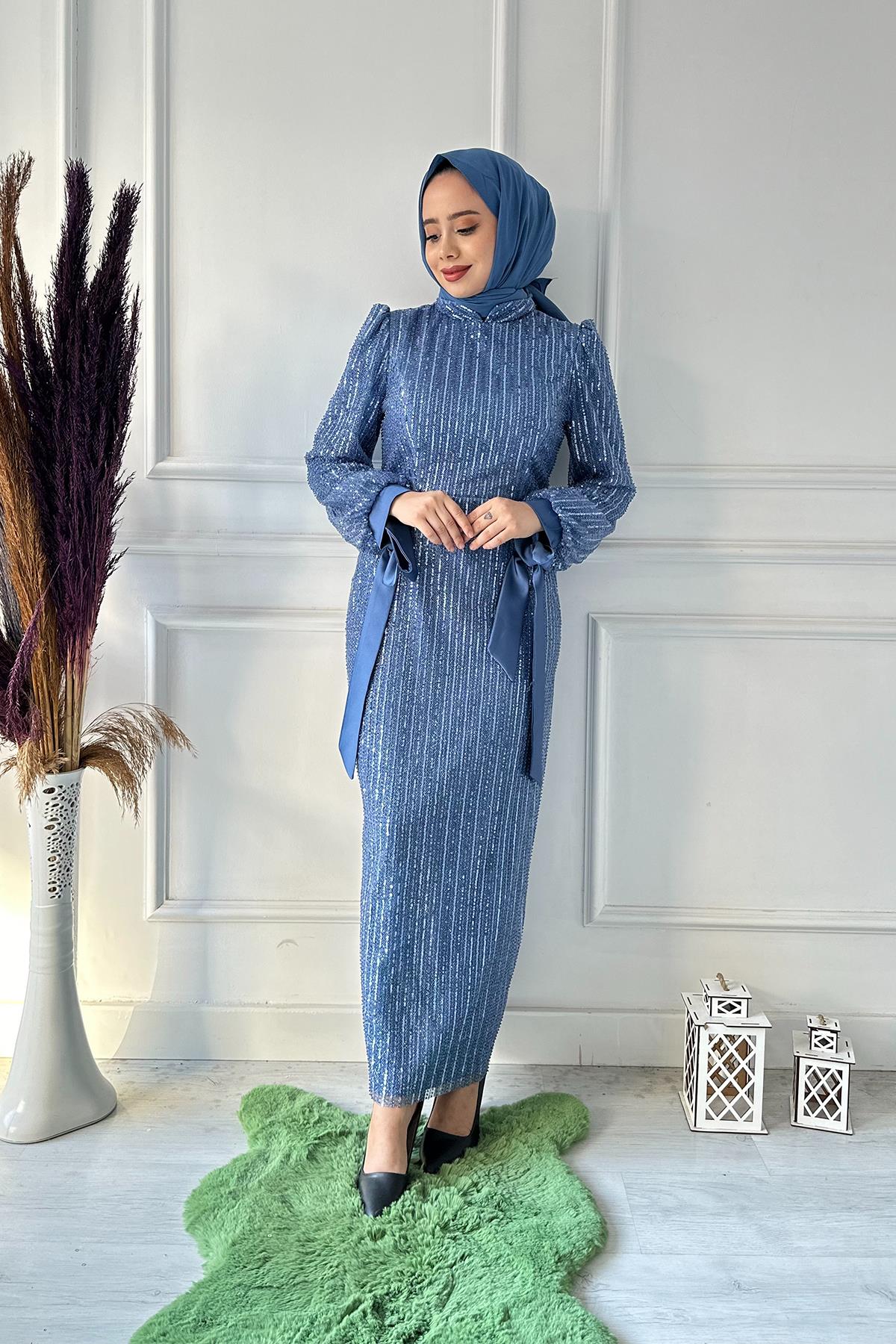 B.LİFE KOMPLE PULLU KOL KURDELE ABİYE 2471 Mavi