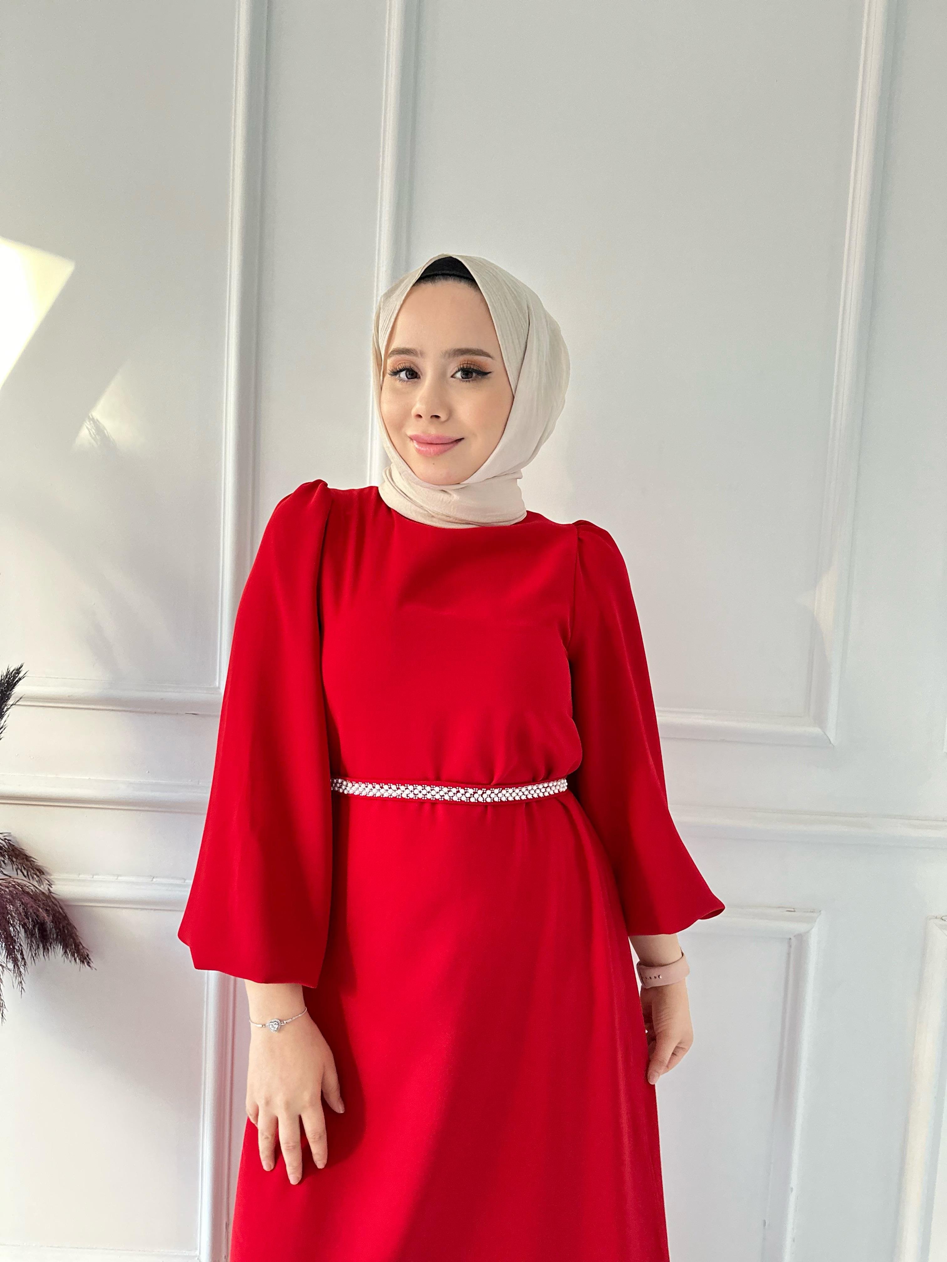inci kemerli balon kol elbise1073 kırmızı