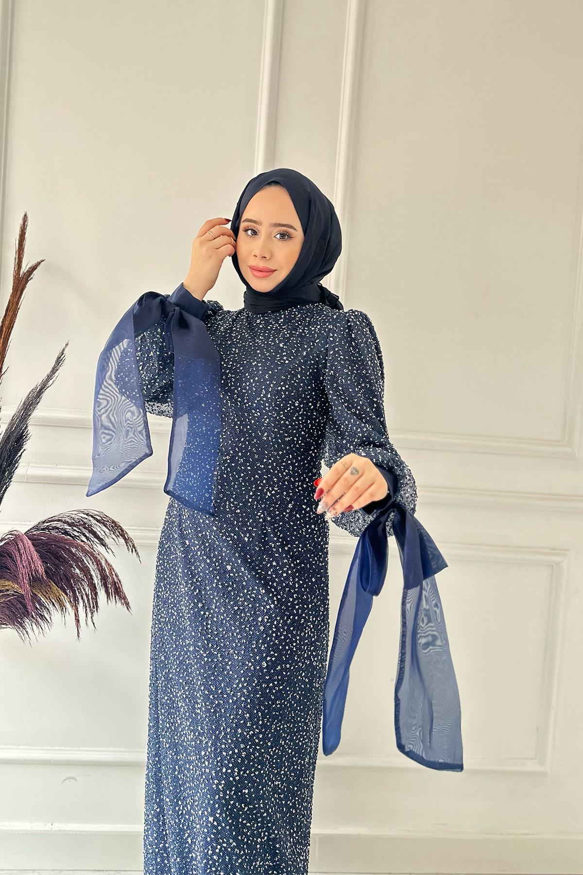 Kolu Kurdeleli Taşlı Elbise 2462 Lacivert