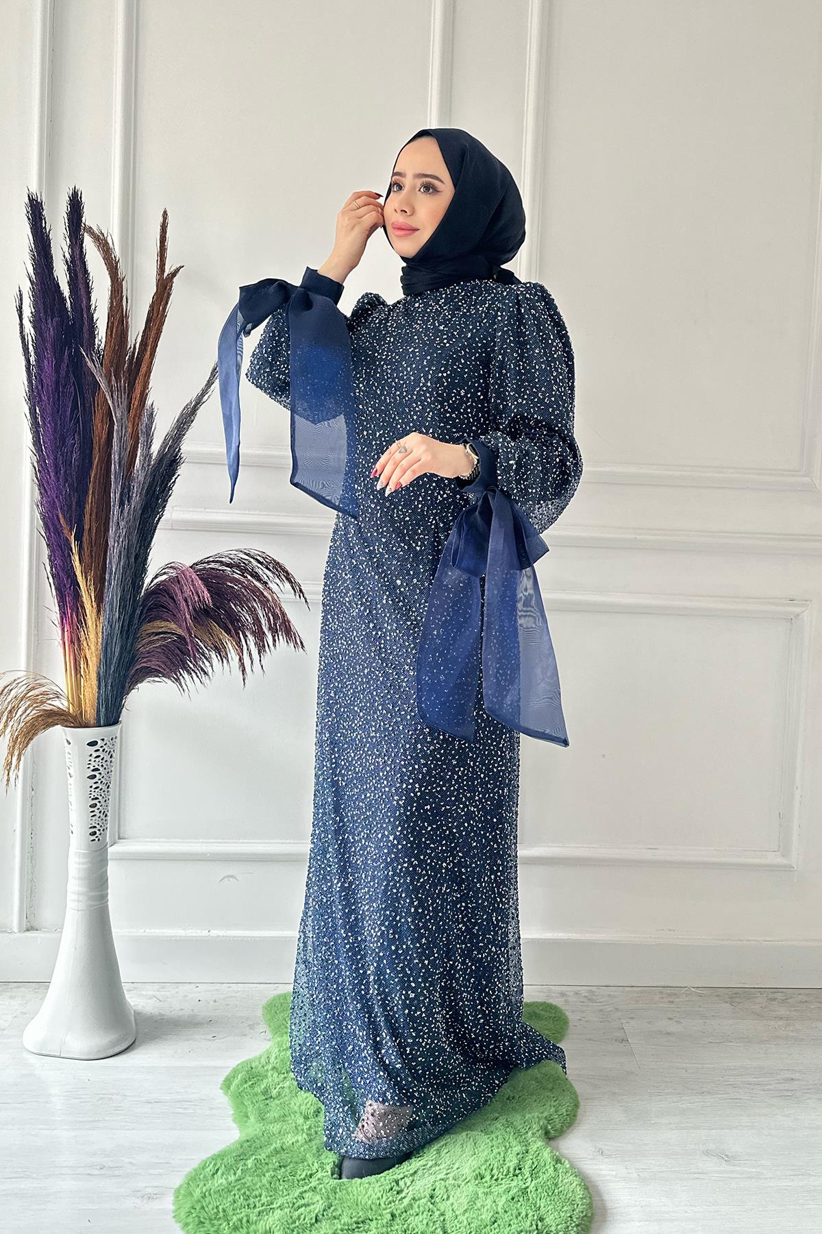 Kolu Kurdeleli Taşlı Elbise 2462 Lacivert