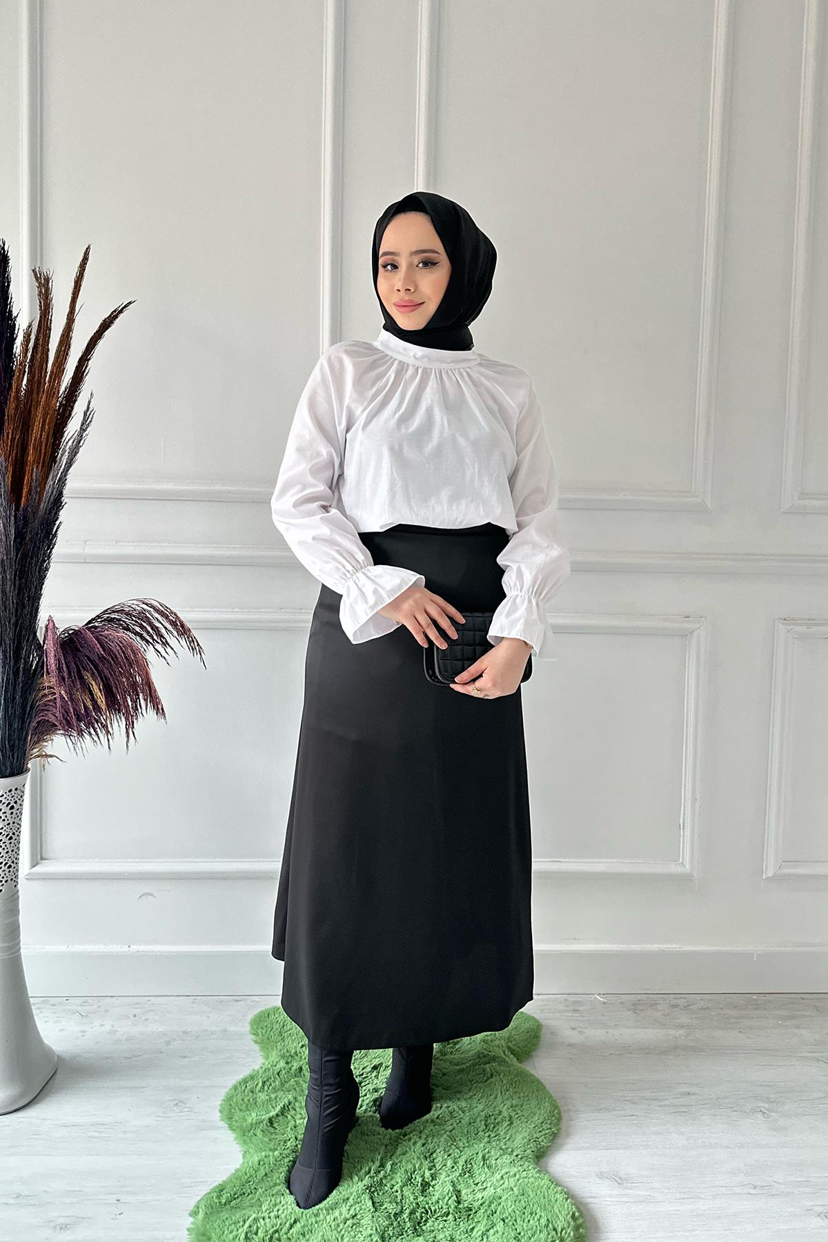 saten düz kalem etek 2181 Siyah