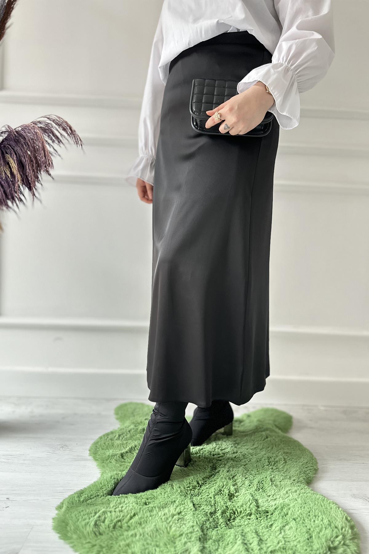 saten düz kalem etek 2181 Siyah