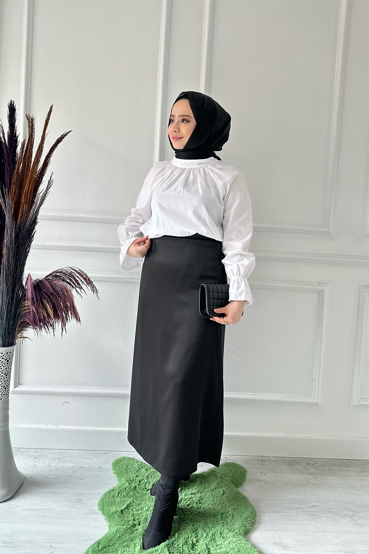 saten düz kalem etek 2181 Siyah