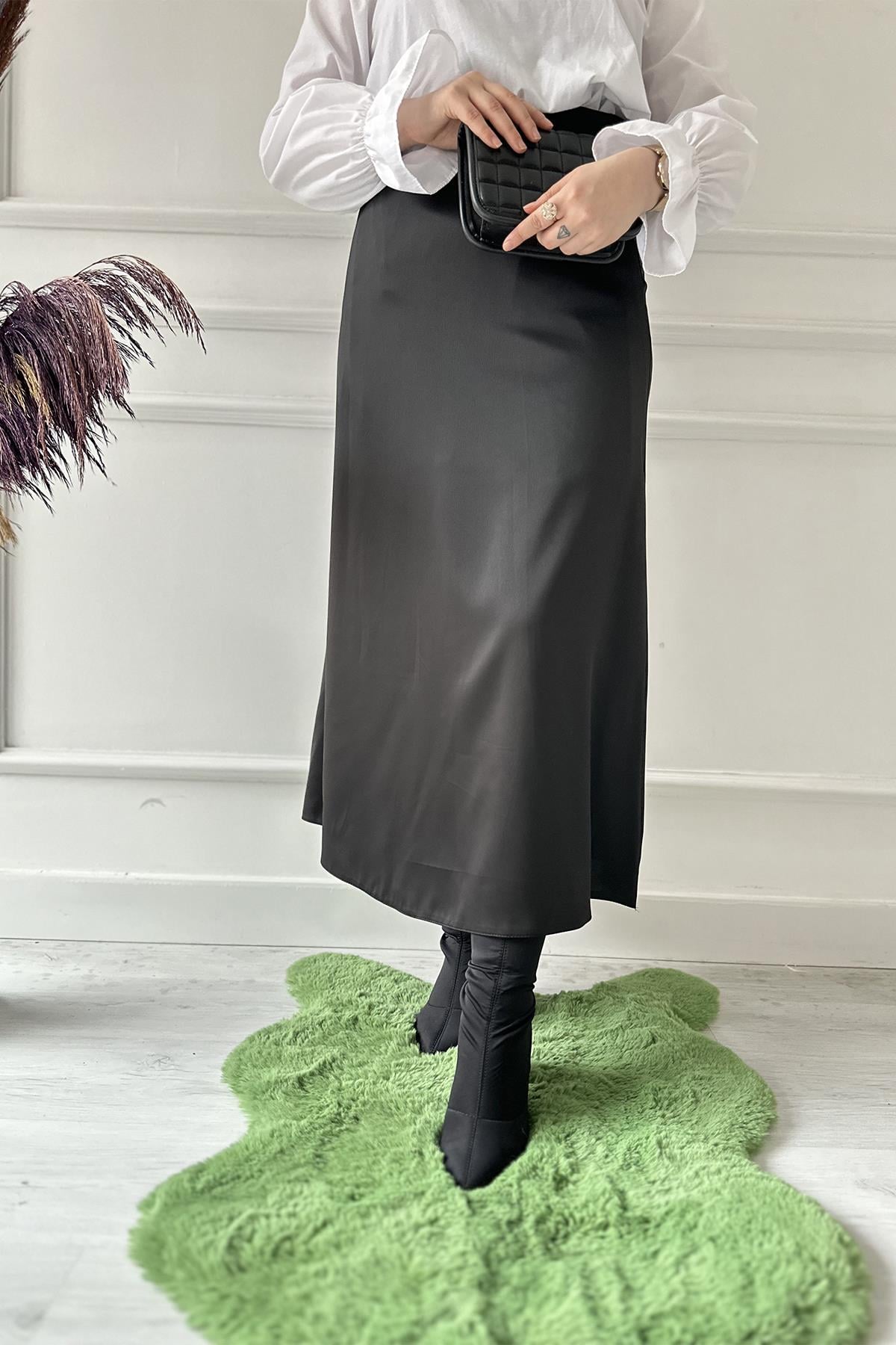 saten düz kalem etek 2181 Siyah
