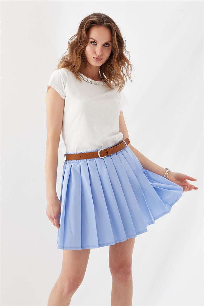 Piliseli Mini Etek Mavi