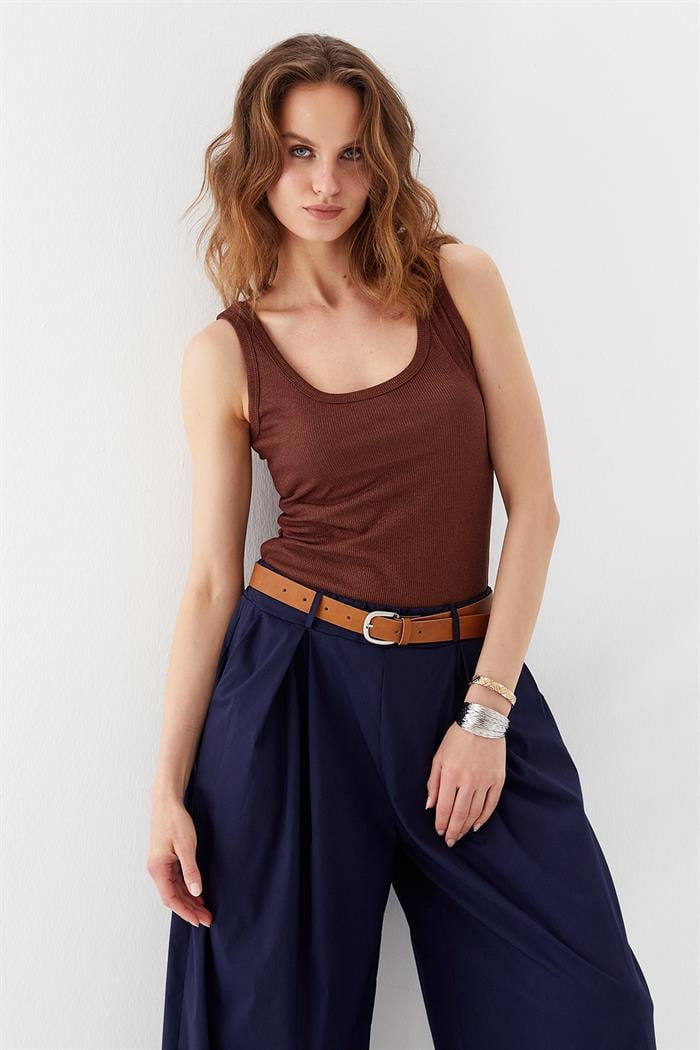 Simli Askılı Bluz Camel