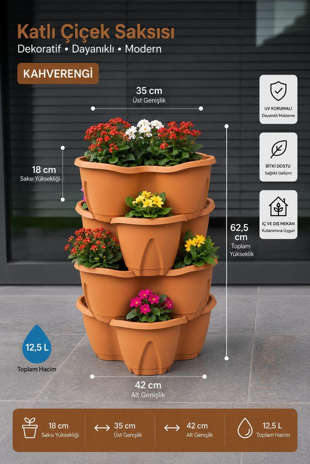 Bahçe Pamukkale Saksı 4'lü Set 12,5 Litre Modüler Saksı