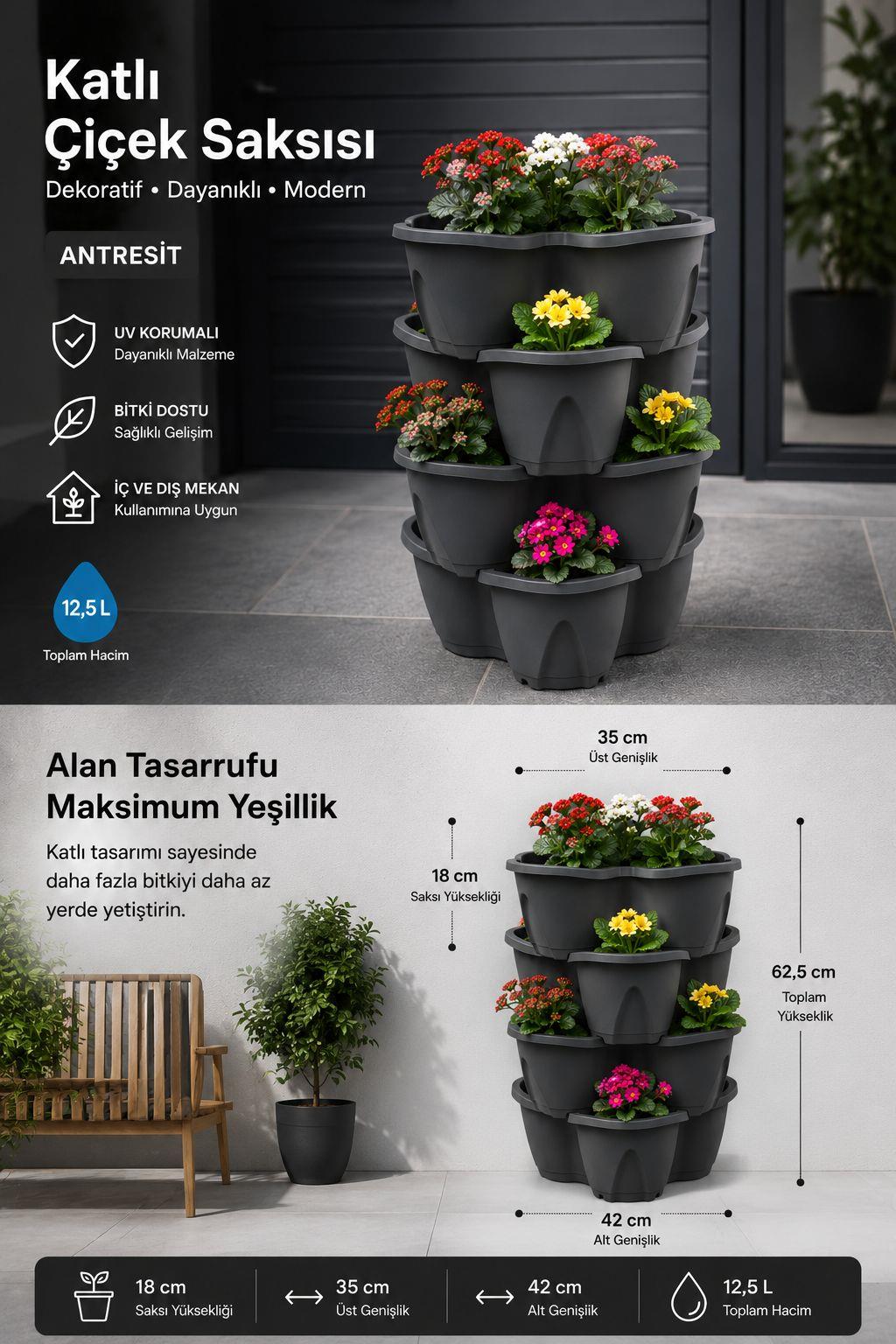 Bahçe Pamukkale Saksı 4'lü Set 12,5 Litre Modüler Saksı