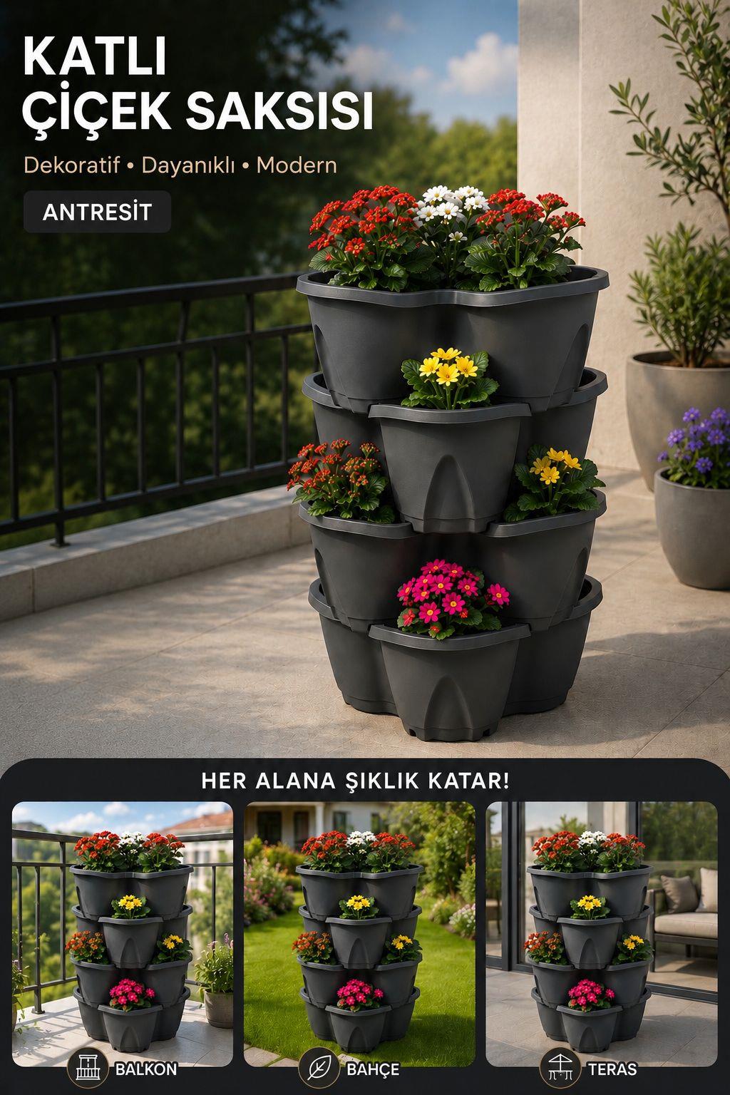 Bahçe Pamukkale Saksı 4'lü Set 12,5 Litre Modüler Saksı